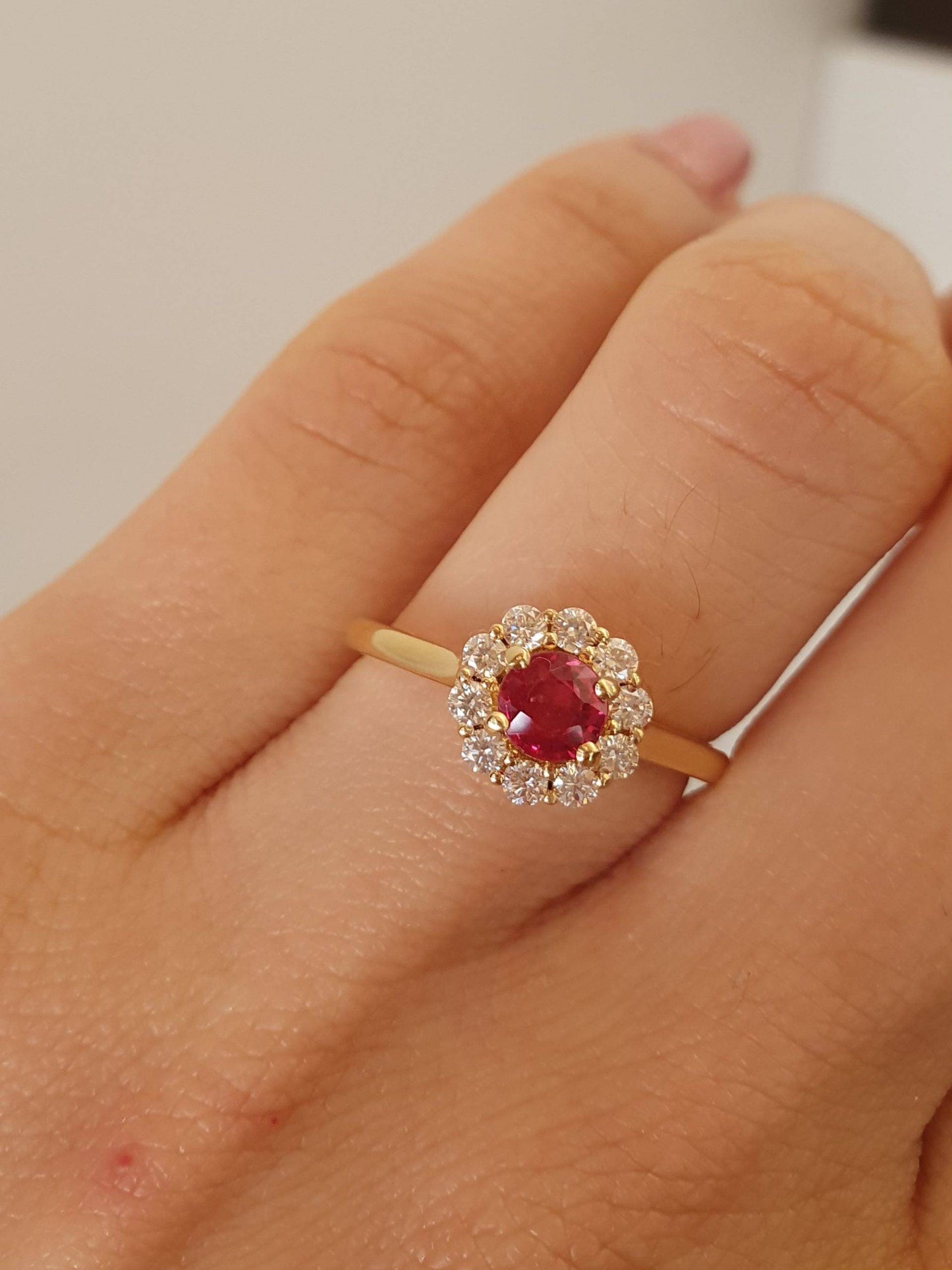 Natural Round Ruby Halo Ring | 18K Yellow Gold Ruby Ring