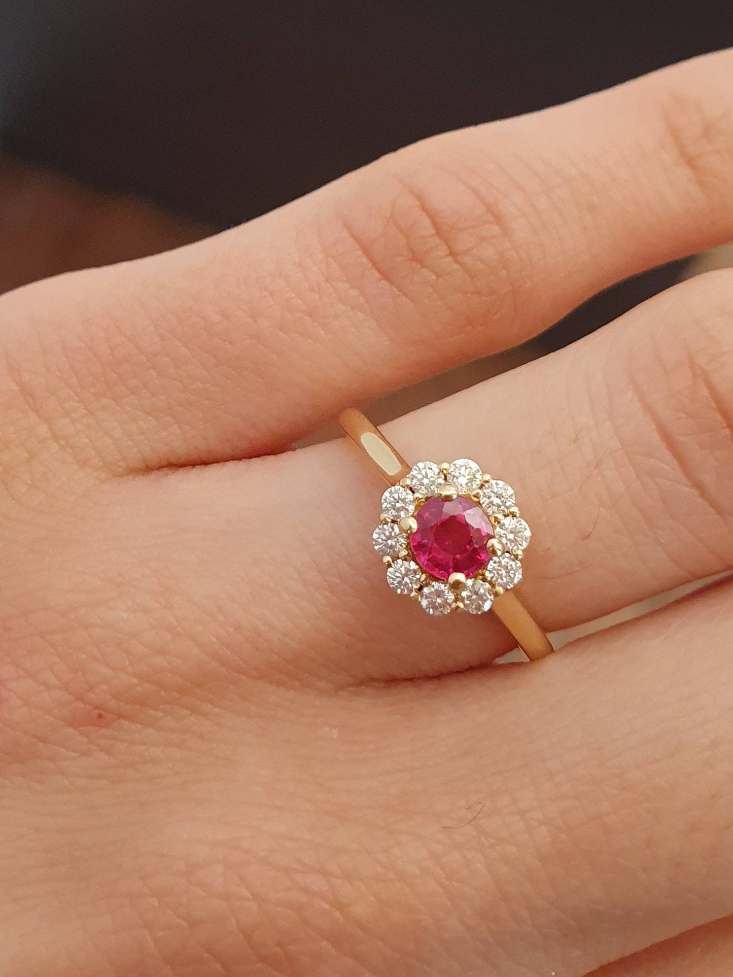 Natural Round Ruby Halo Ring | 18K Yellow Gold Ruby Ring