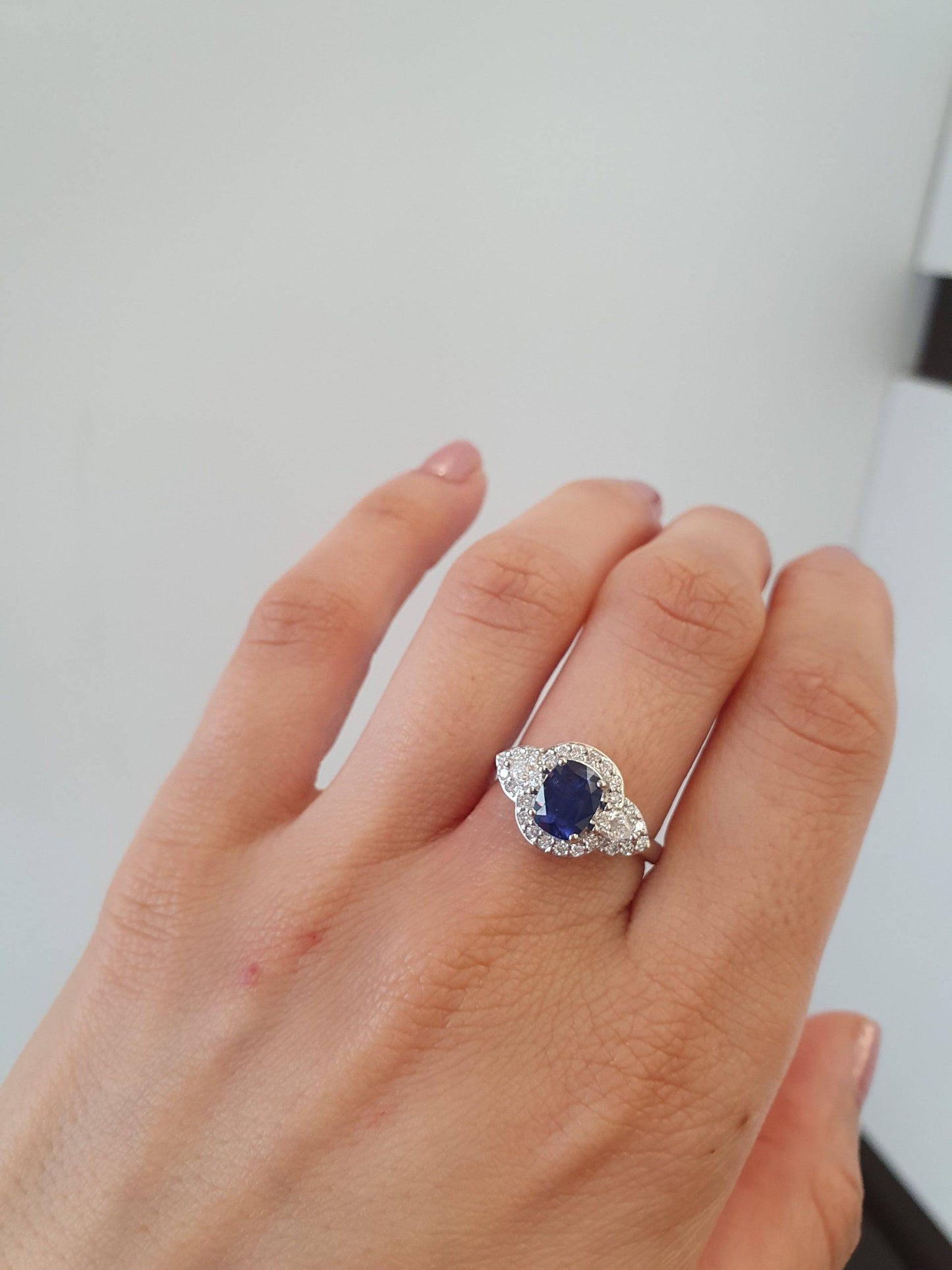 Natural Blue Sapphire and Diamonds Cluster Ring | Sapphire Platinum Ring