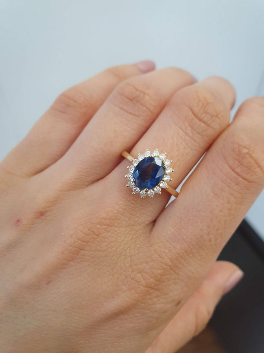 2.58CT Princess Diana Inspired Blue Sapphire Halo Ring