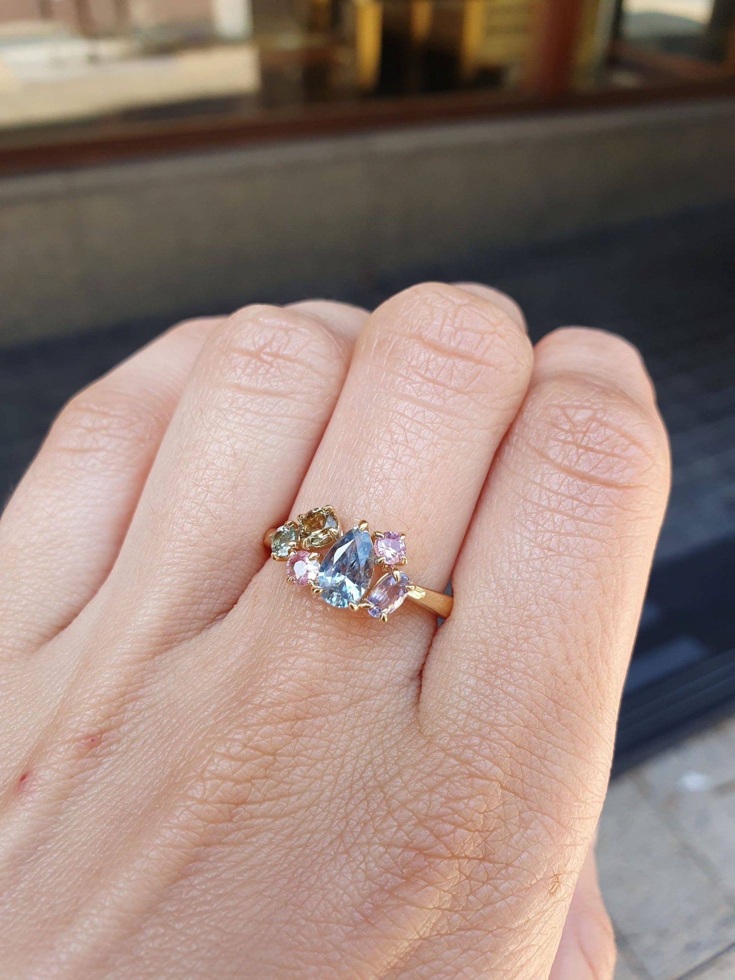 Pear Shape Teal Sapphire in 18K Yellow Gold Asymmetrical Ring