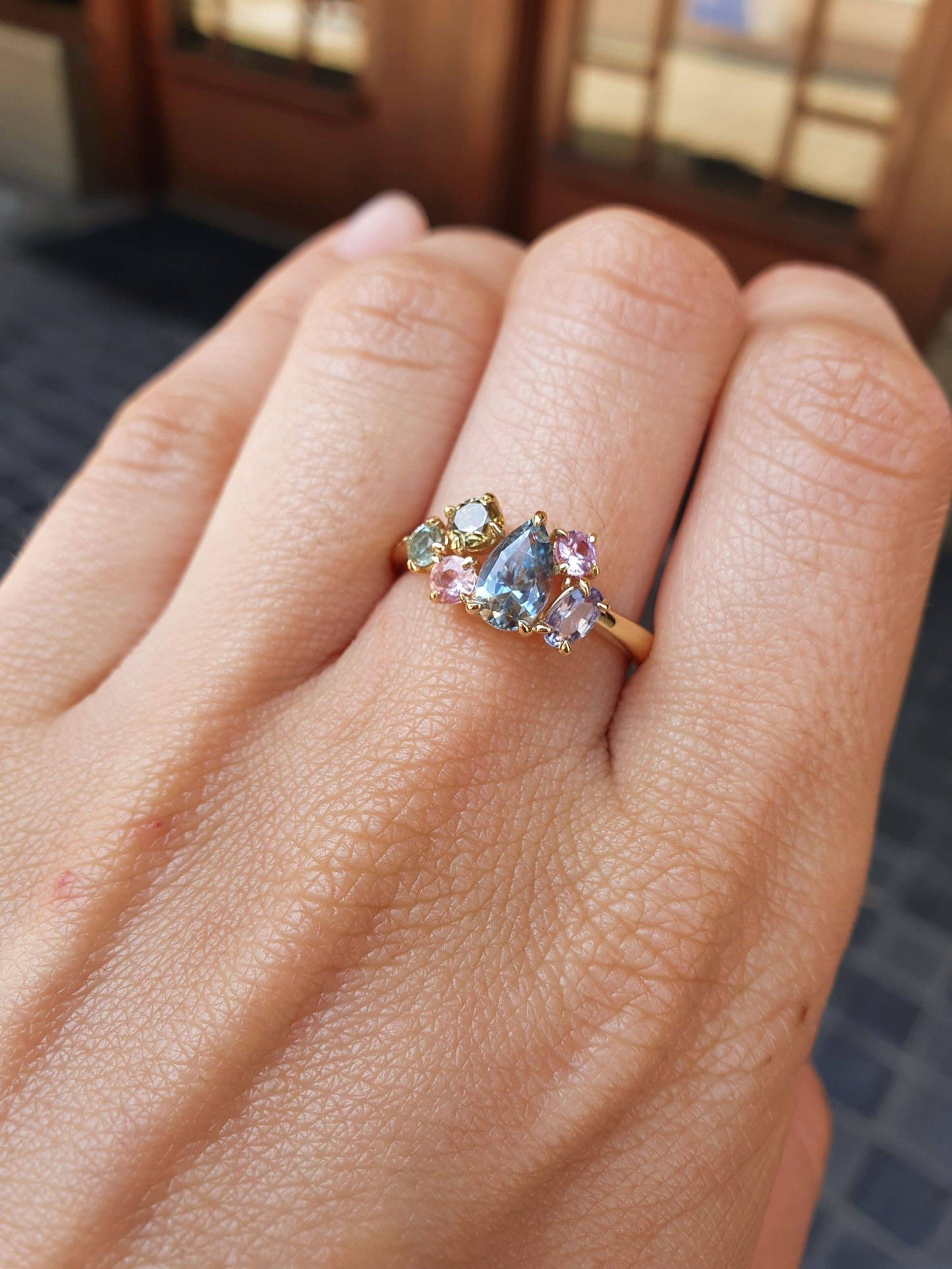 Pear Shape Teal Sapphire in 18K Yellow Gold Asymmetrical Ring