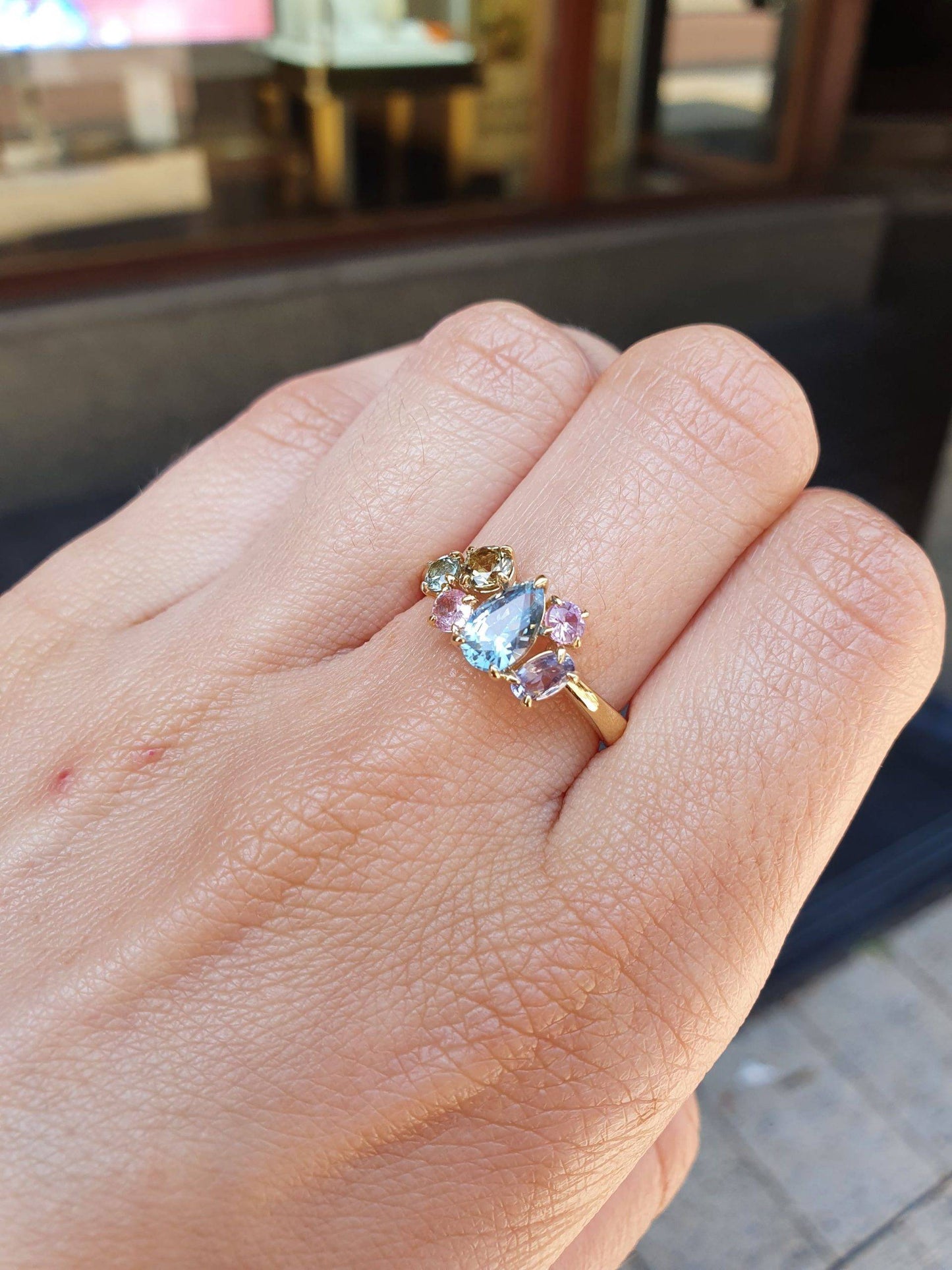 Pear Shape Teal Sapphire in 18K Yellow Gold Asymmetrical Ring