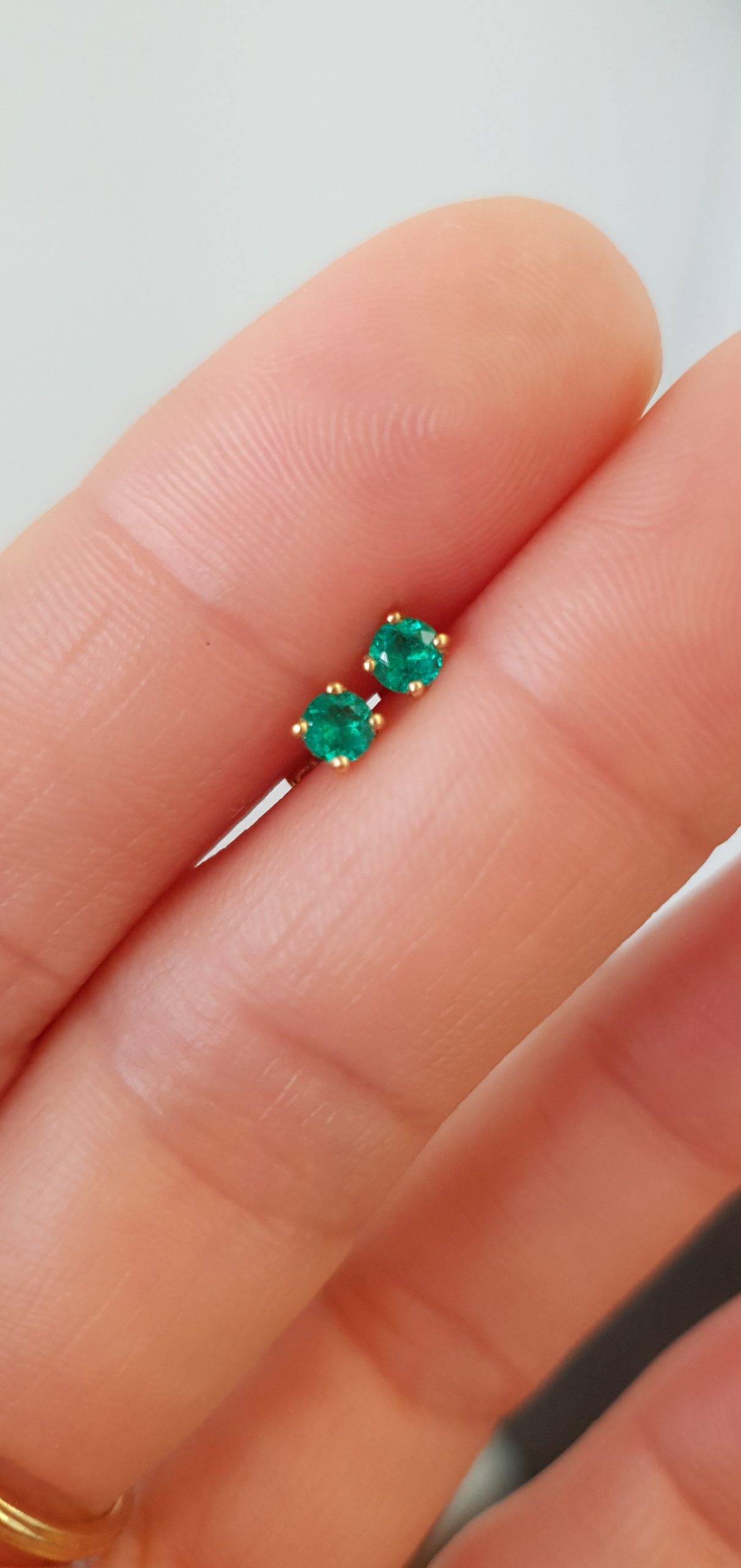 Petite Round Natural Colombian Emerald Stud Earrings in 18K Yellow Gold | Emerald Jewellery