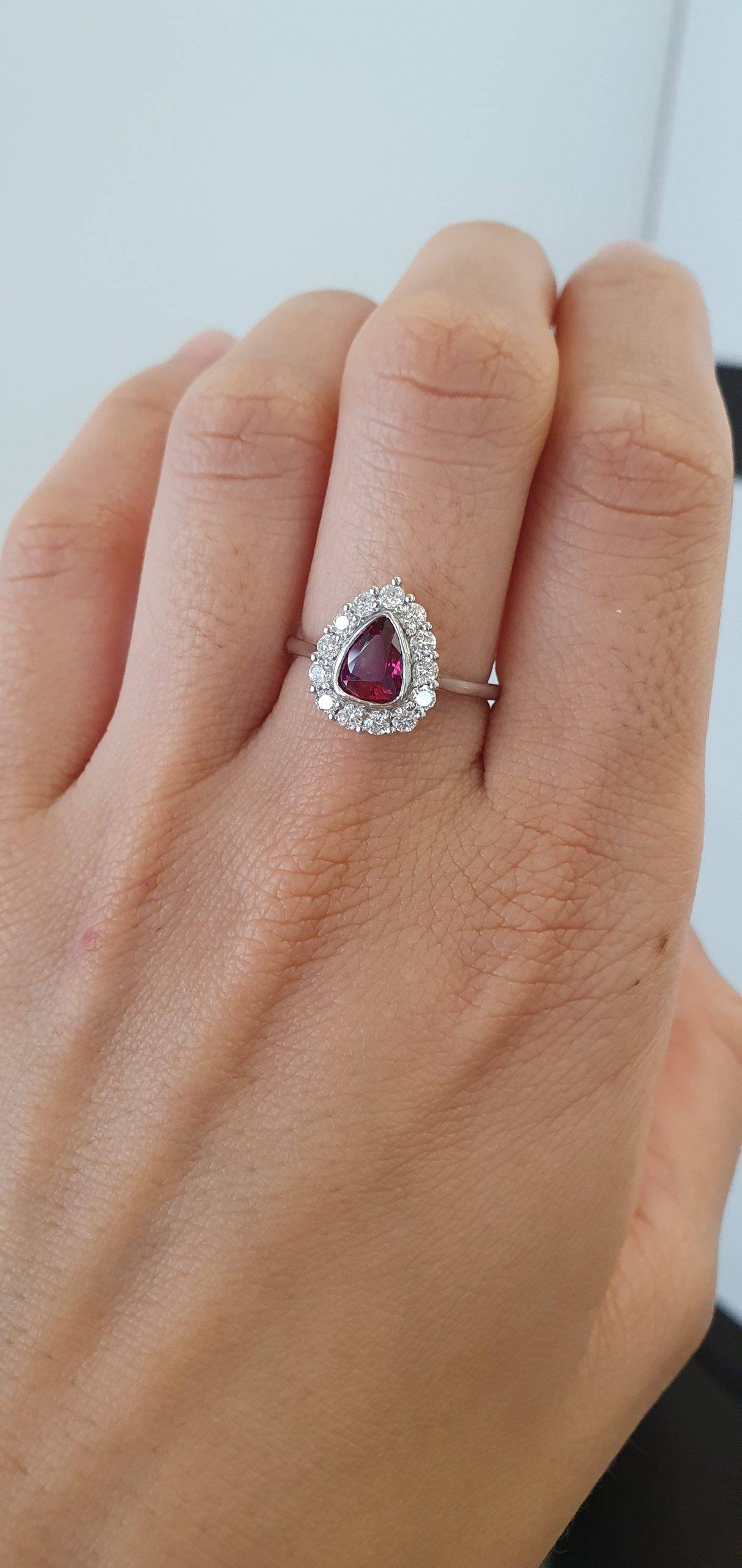 1 Carat Pear Mixed-Cut Ruby Halo Ring in Platinum | Pigeon Blood Red Colour Ruby Ring
