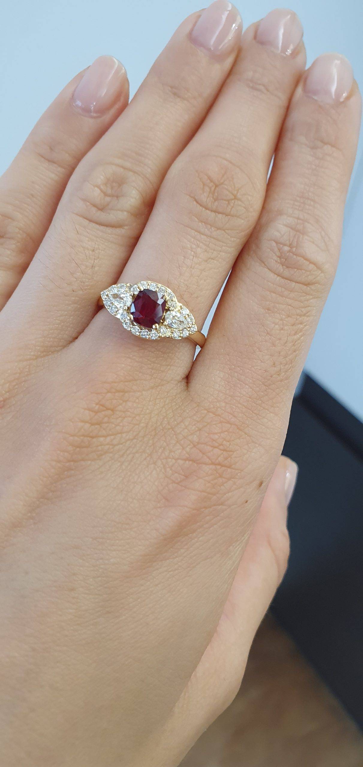 1 Carat Cushion Cut Ruby and Diamond Halo Ring in 18K Yellow Gold