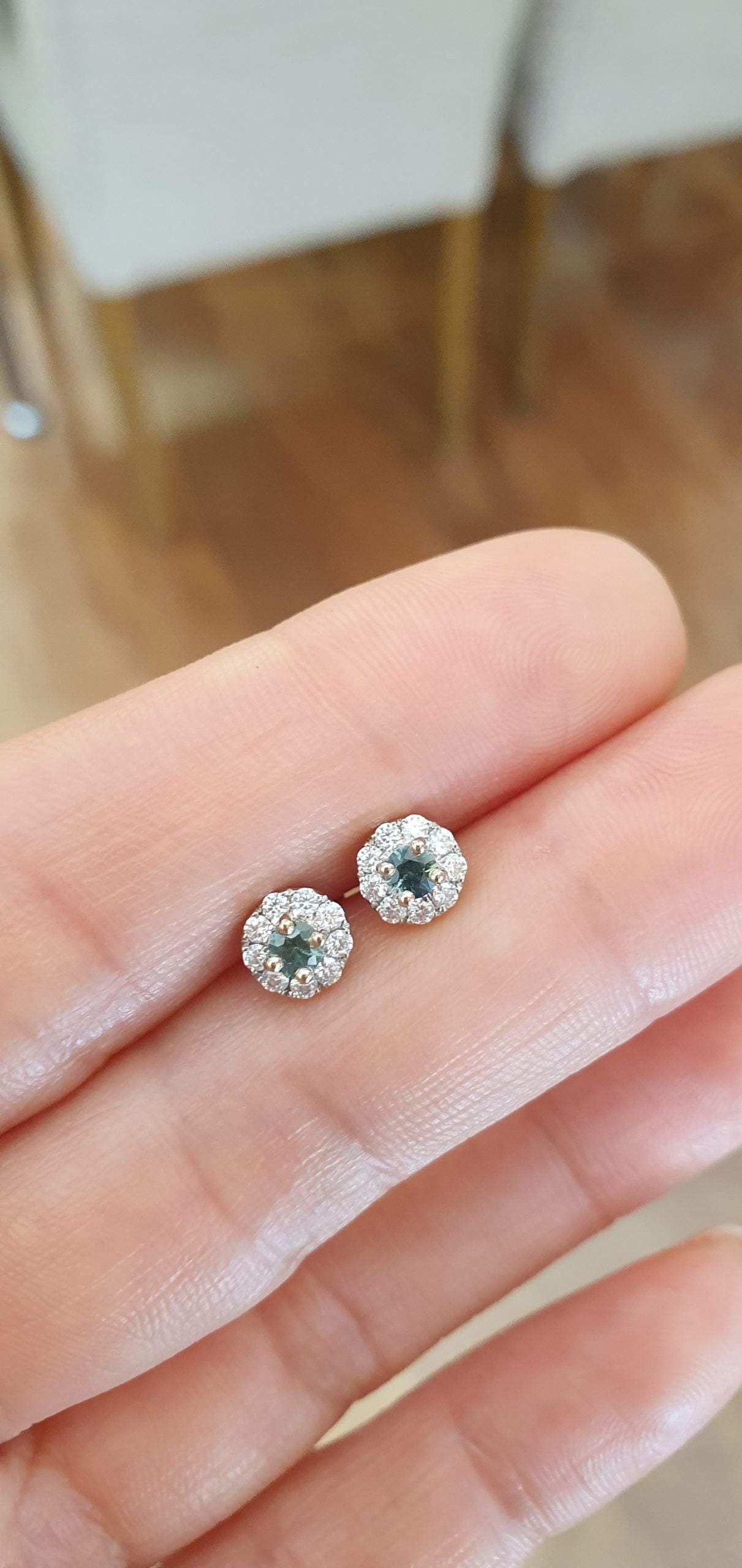 Natural Teal Sapphire Stud Earrings in 9K White Gold with Moissanite Halo