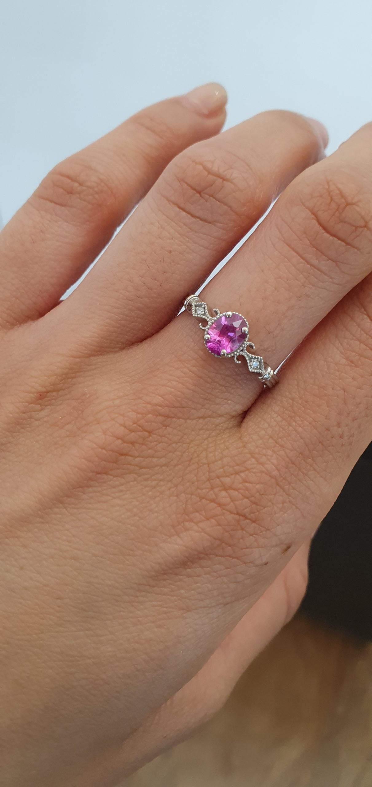 Oval Cut Pink Sapphire and Diamond Ring in Platinum 950 with Filigree Detail