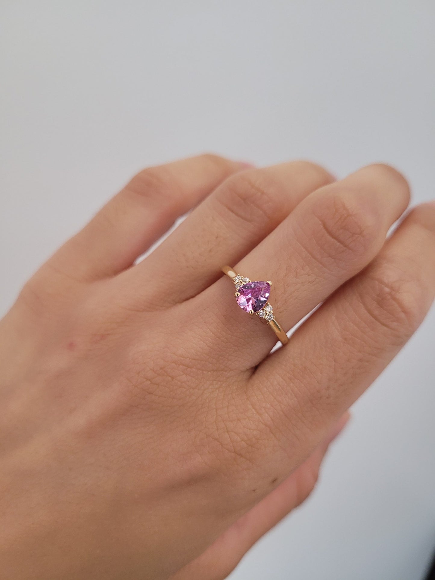 Unheated Pear Cut Pink Sapphire Ring with Diamond Cluster in 18K Yellow Gold
