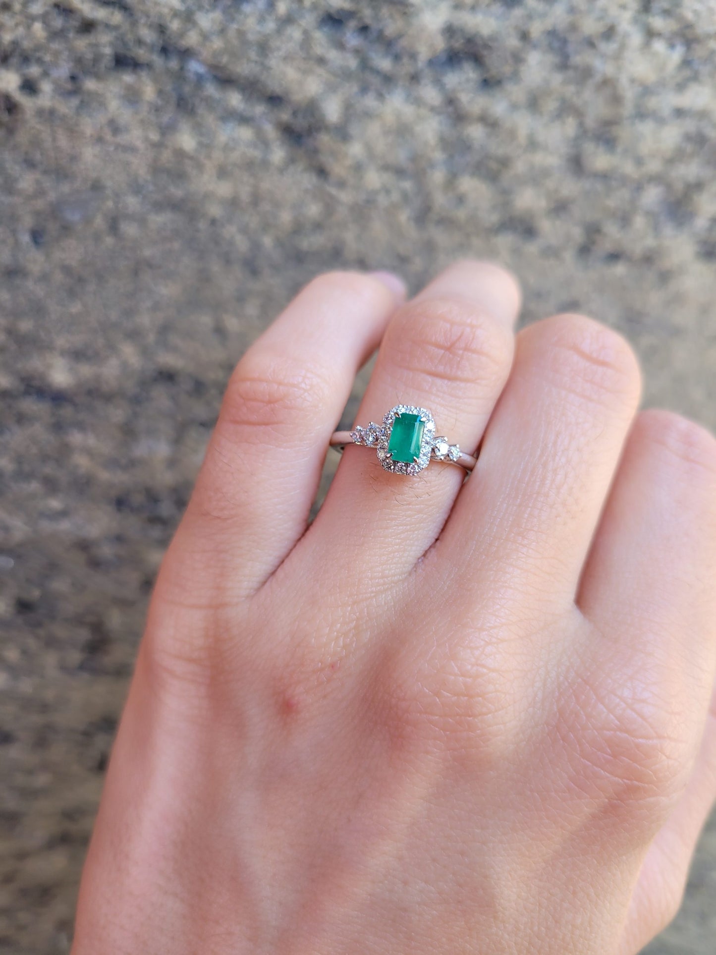 Colombian Emerald Halo Ring in Platinum with Compass-Set Diamonds