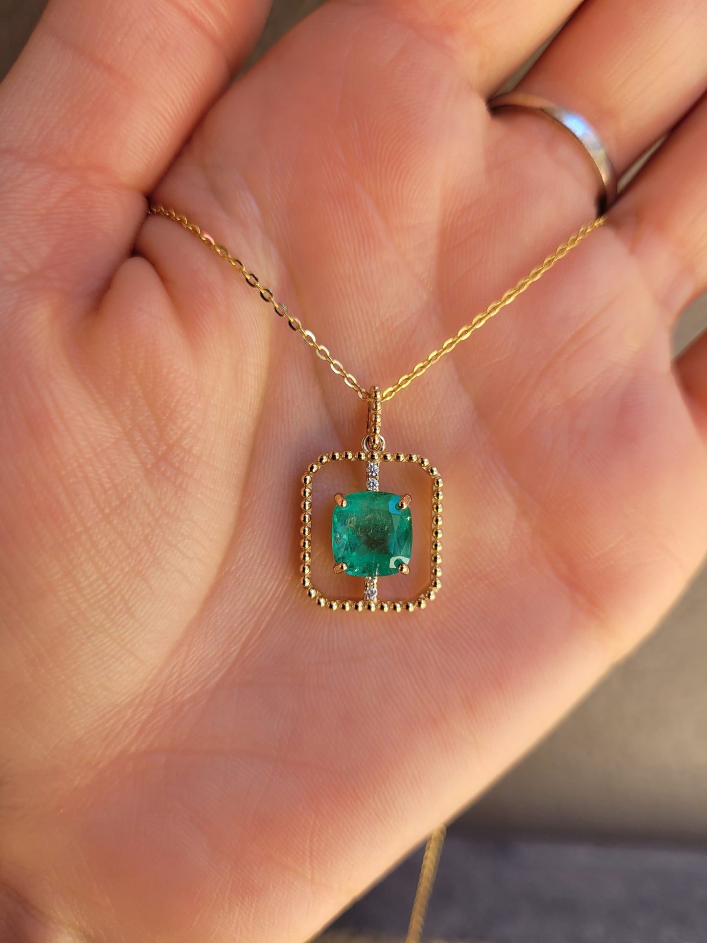 2.5ct Cushion Cut Colombian Emerald Pendant in 18K Yellow Gold