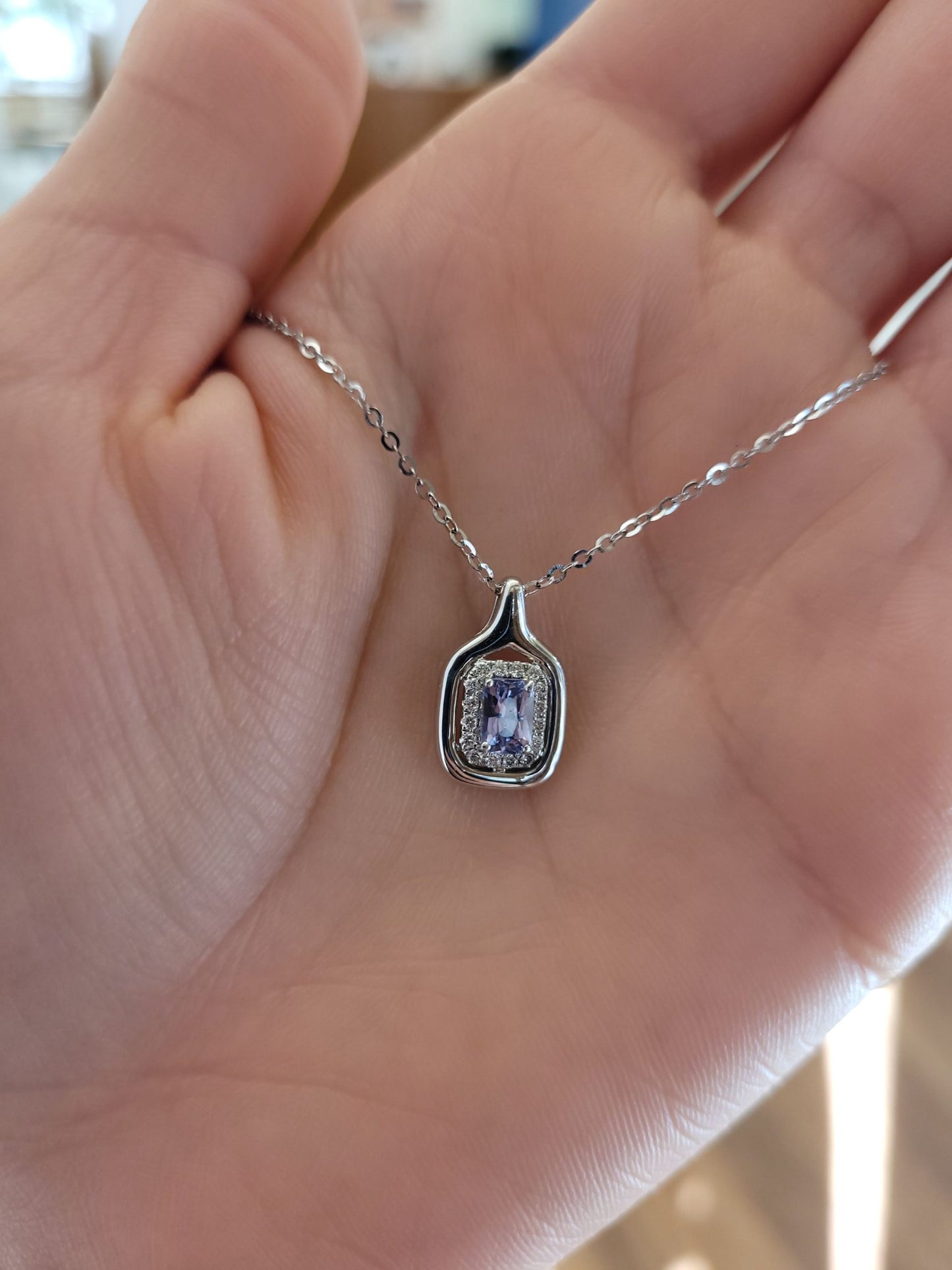 Radiant Cut Purple Sapphire and Diamond Pendant in White Gold