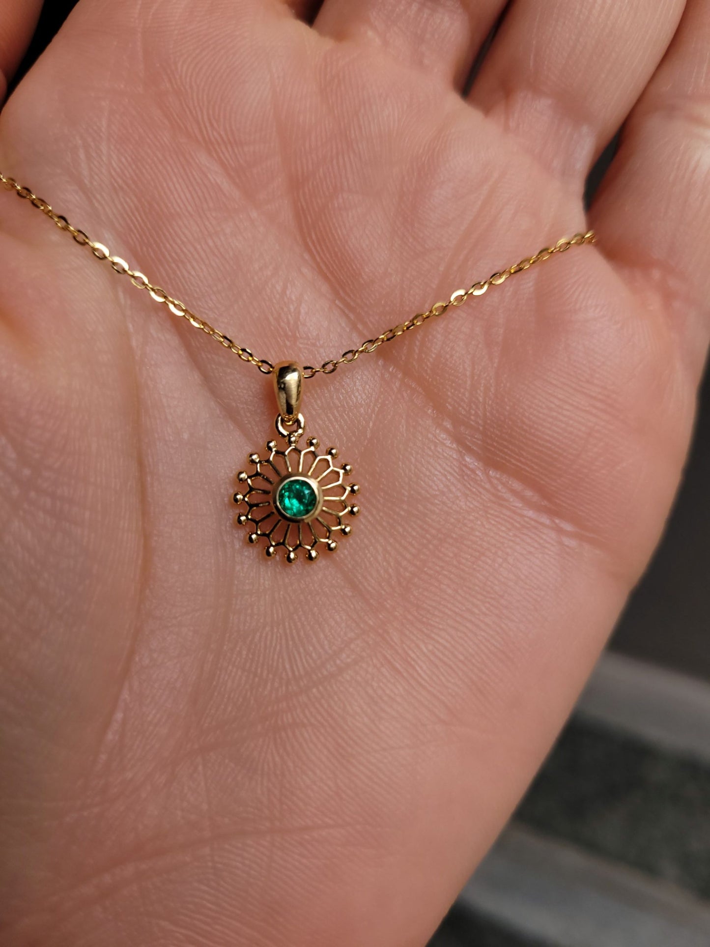 Sunburst Pendant with Natural Round Colombian Emerald in 18K Yellow Gold