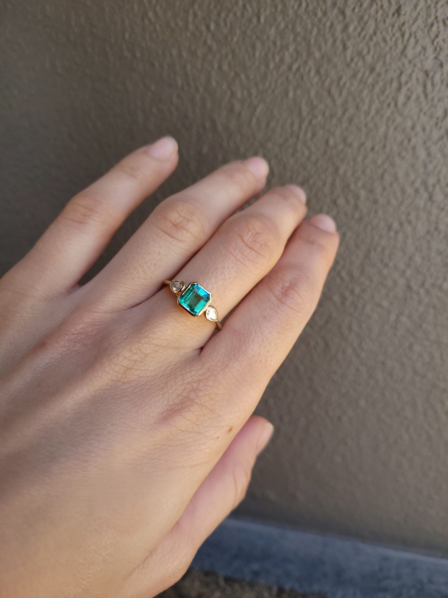 Colombian Emerald Engagement Ring in 18K Yellow Gold with Pear Shape Diamonds