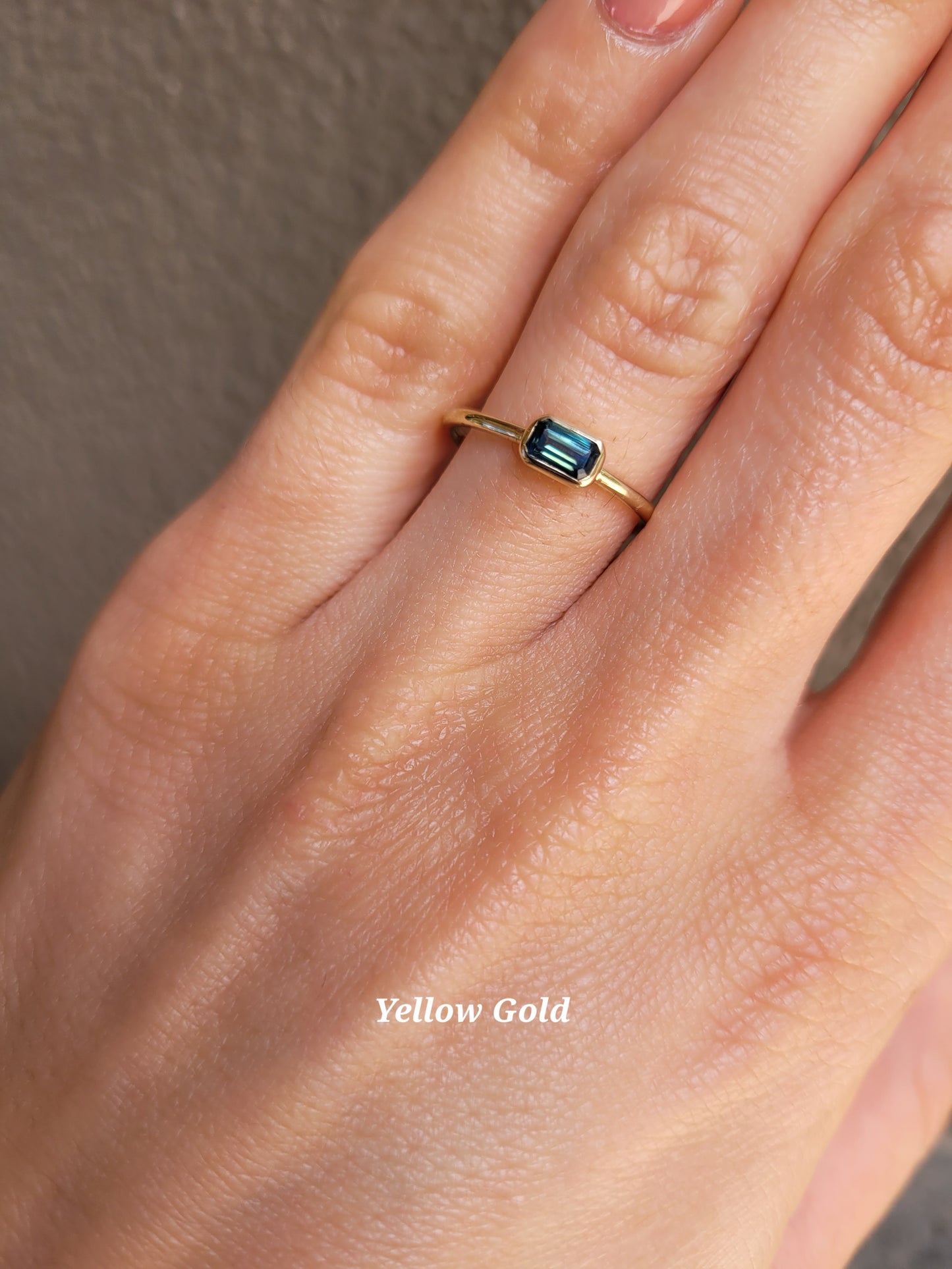 Dainty Solitaire Australian Teal Sapphire Ring – 9K Yellow or Rose Gold, Emerald Cut