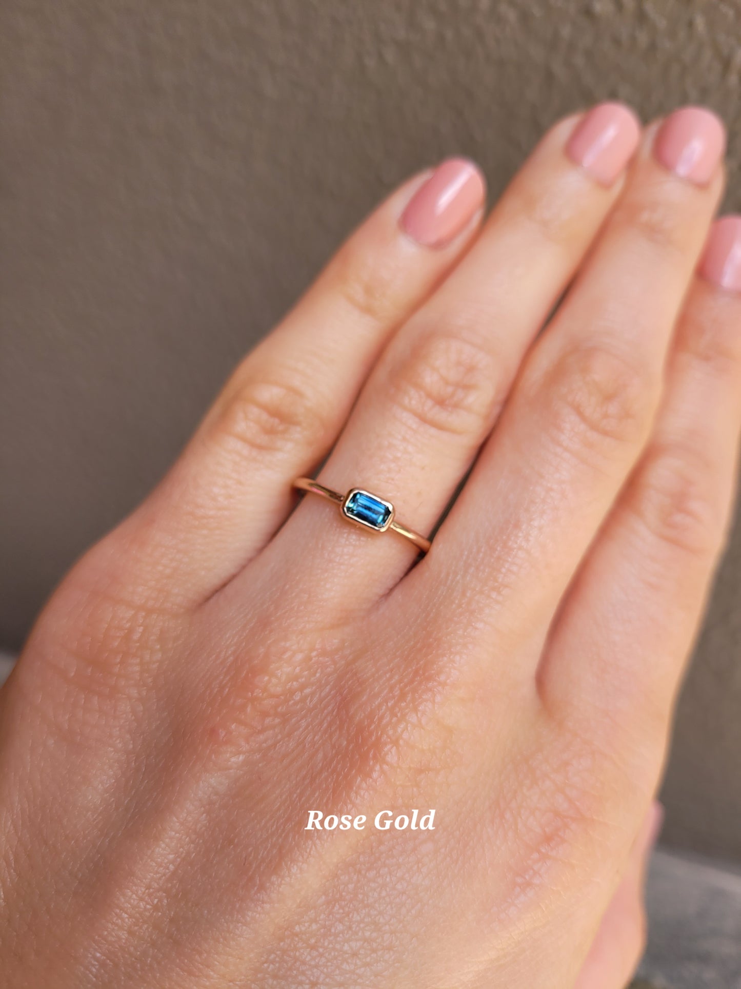 Dainty Solitaire Australian Teal Sapphire Ring – 9K Yellow or Rose Gold, Emerald Cut