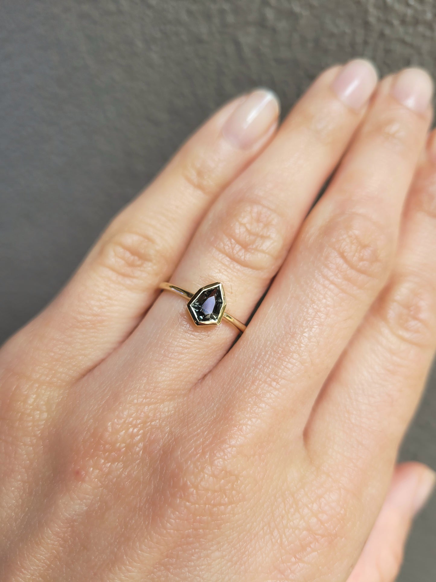 Shield-Cut Teal Sapphire Ring in 18K Yellow Gold