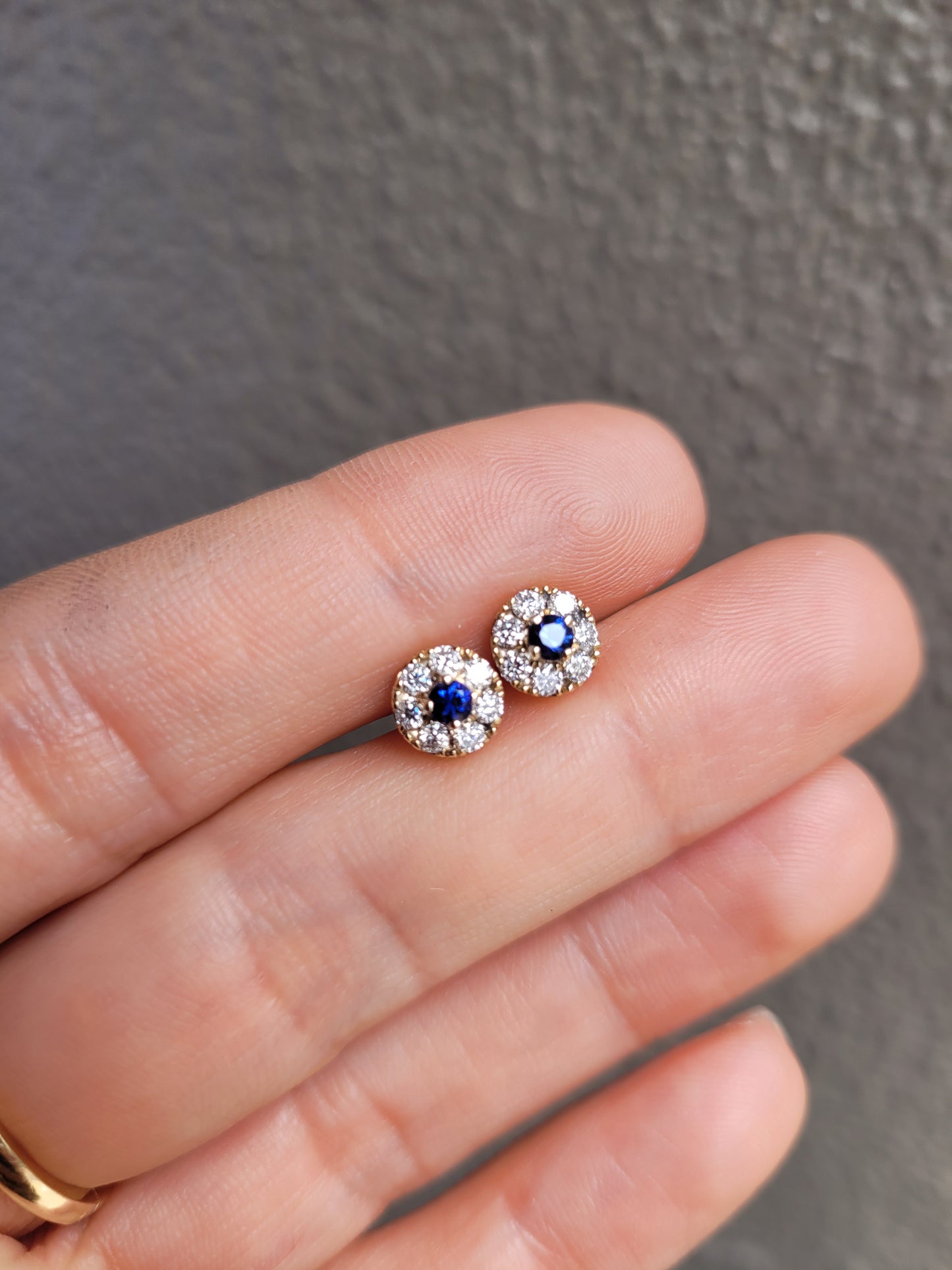Natural Blue Sapphire and Moissanite Halo Stud Earrings in 9K Gold