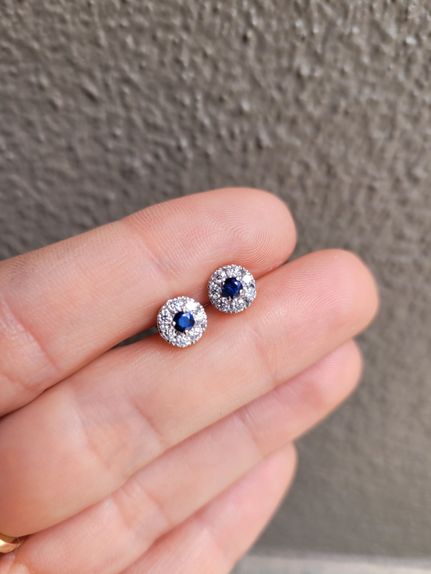 Natural Blue Sapphire and Moissanite Halo Stud Earrings in 9K Gold