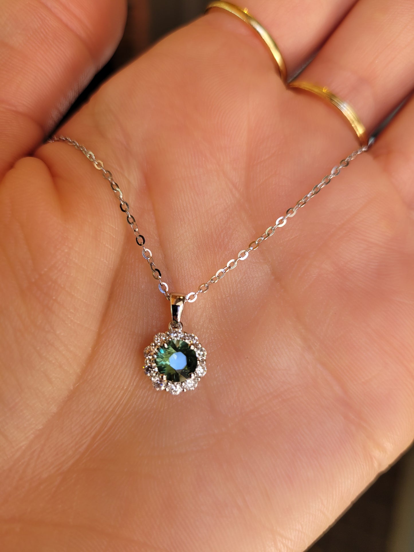 Australian Teal Green Sapphire Pendant with Moissanite Halo in Platinum 950