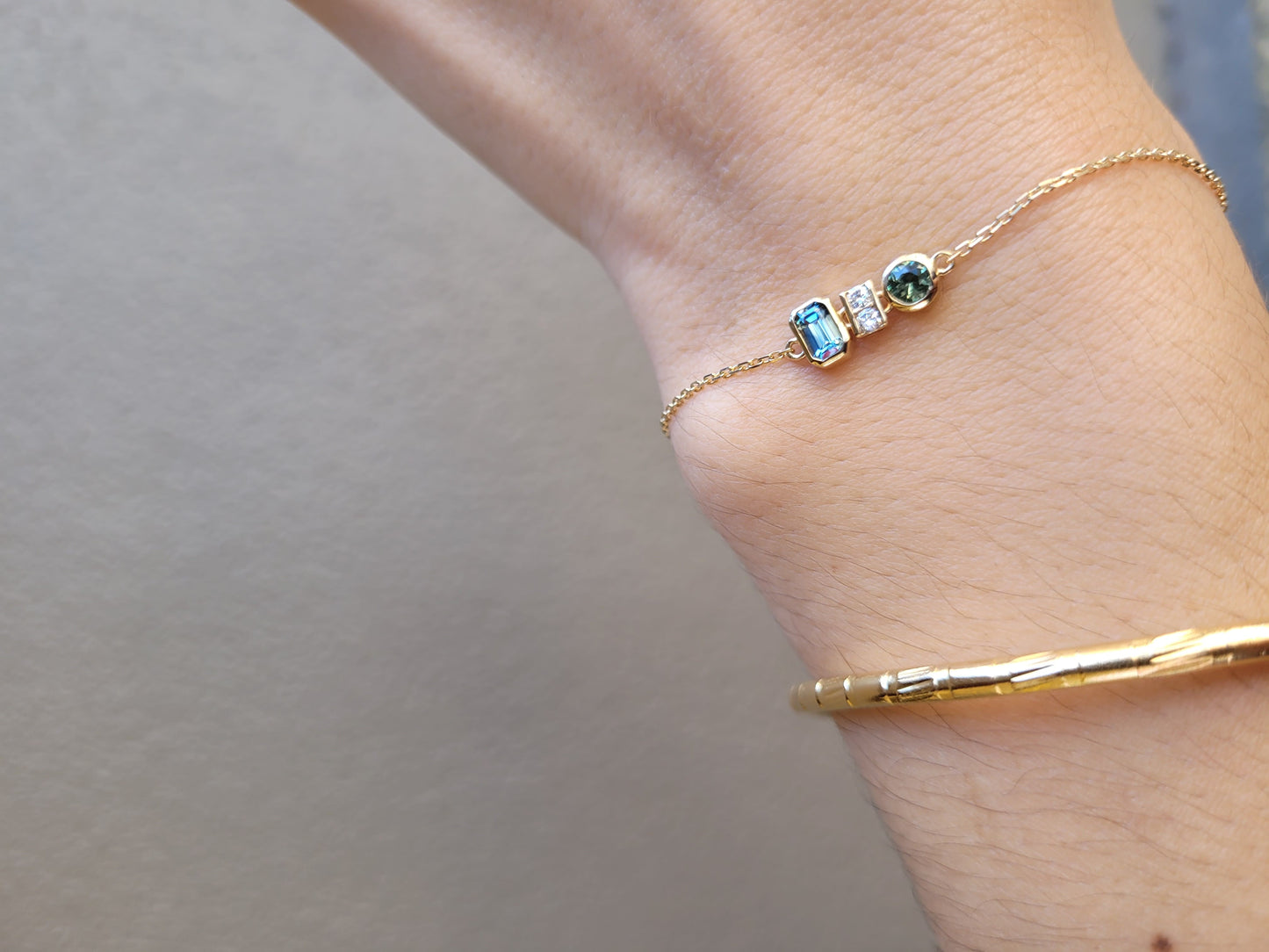Dainty Australian Teal Sapphire & Diamond Bracelet in 18K Yellow Gold
