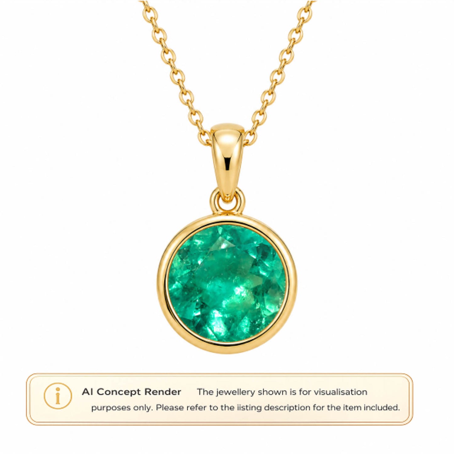 A gold pendant necklace featuring a round, bezel-set Colombian emerald gemstone, shown on a white background with an 'AI Concept Render' label at the bottom.