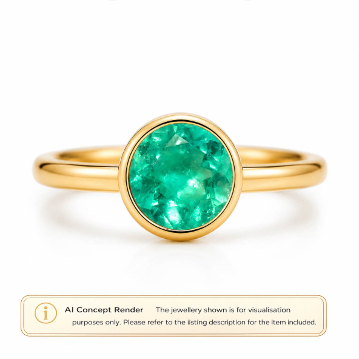 A gold ring with a round cut Colombian emerald gemstone, shown on a white background with a 'AI Concept Render' label at the bottom.
