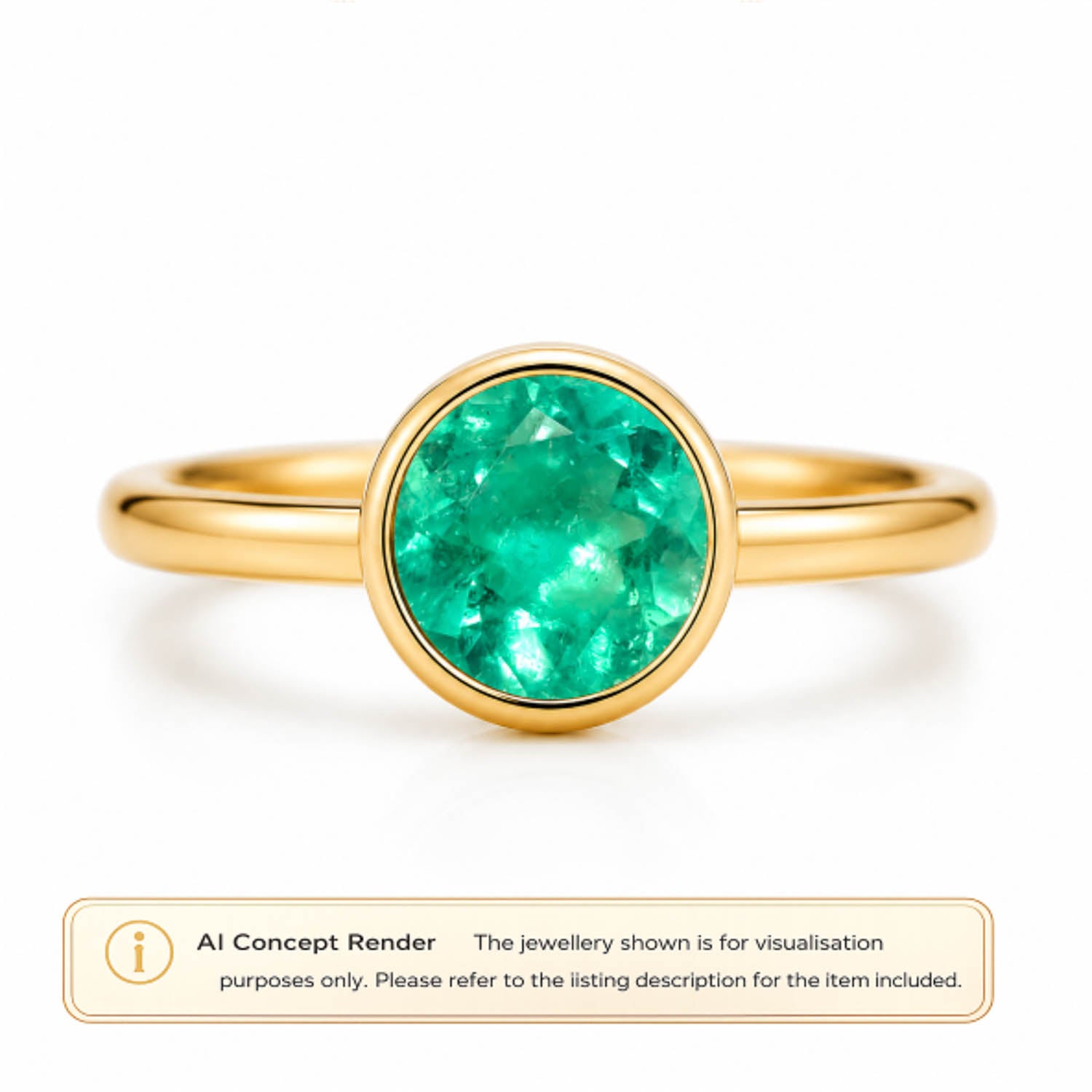 A gold ring with a round cut Colombian emerald gemstone, shown on a white background with a 'AI Concept Render' label at the bottom.