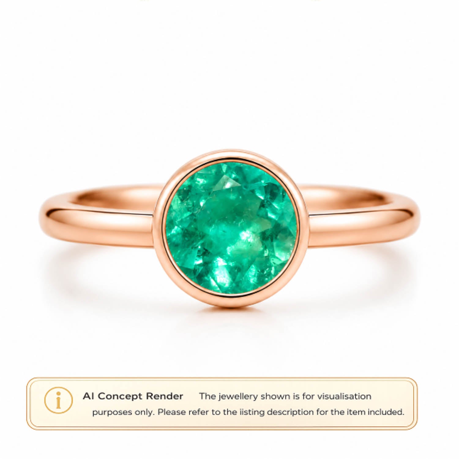 A rose gold ring with a round Colombian emerald gemstone, shown as a digital concept render on a white background with an AI Concept Render label at the bottom.