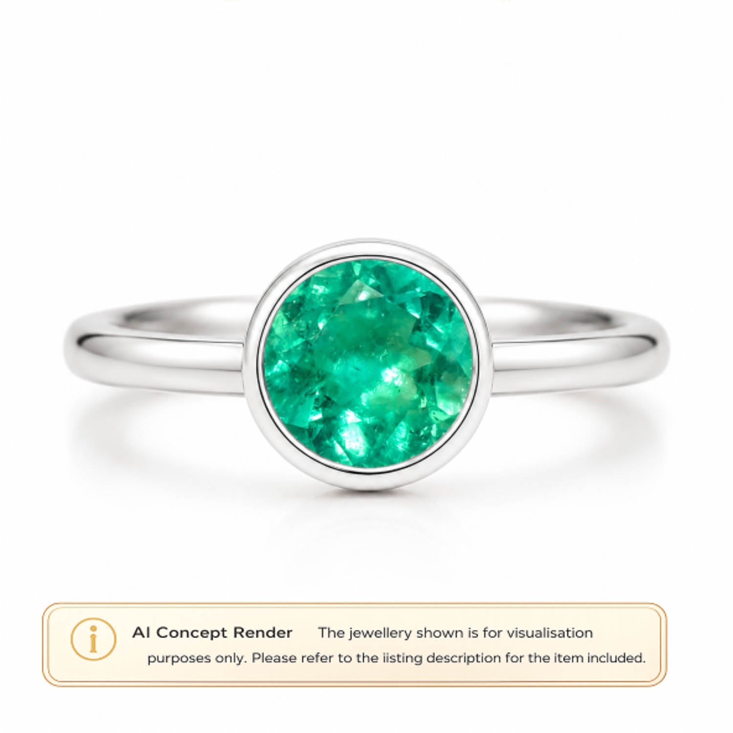 A platinum ring with a round-cut Colombian emerald gemstone, shown on a white background with an 'AI Concept Render' label at the bottom.