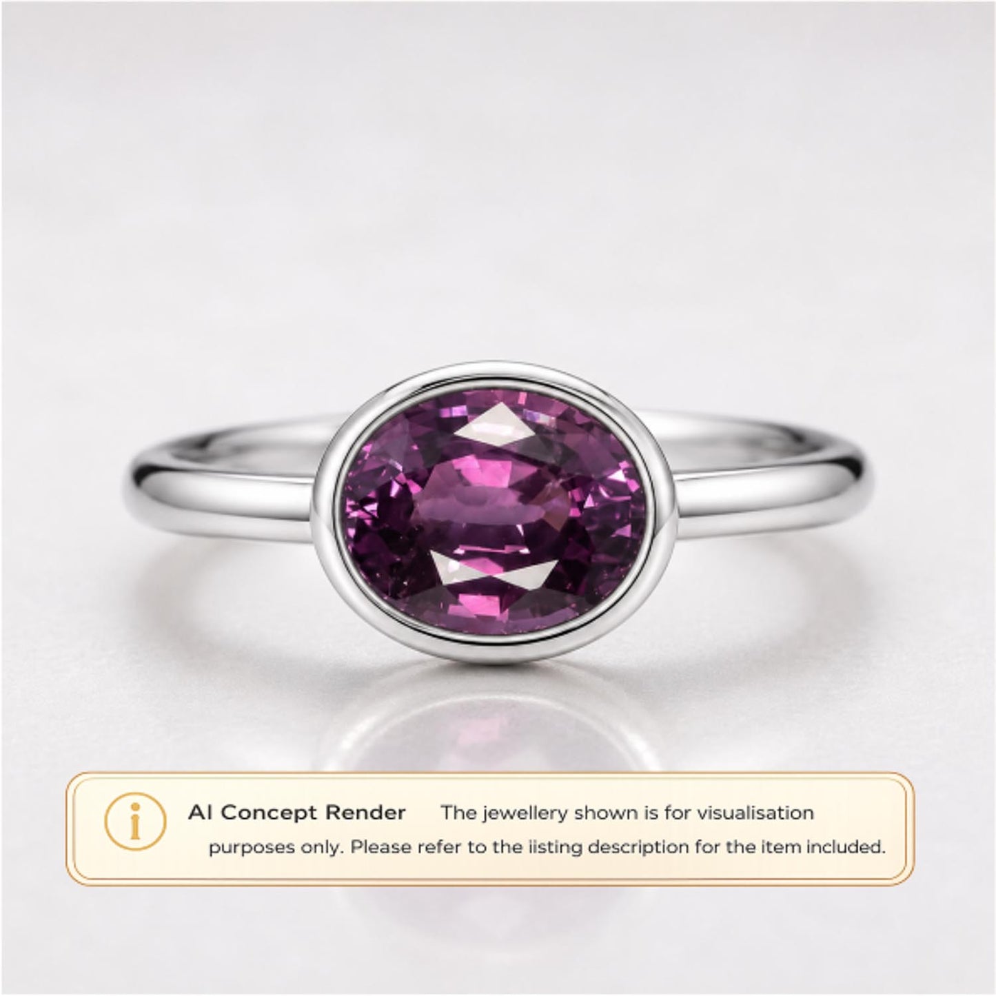 A platinum ring with an oval faceted purple gemstone, shown on a light gray background with a text banner at the bottom stating 'AI Concept Render'.