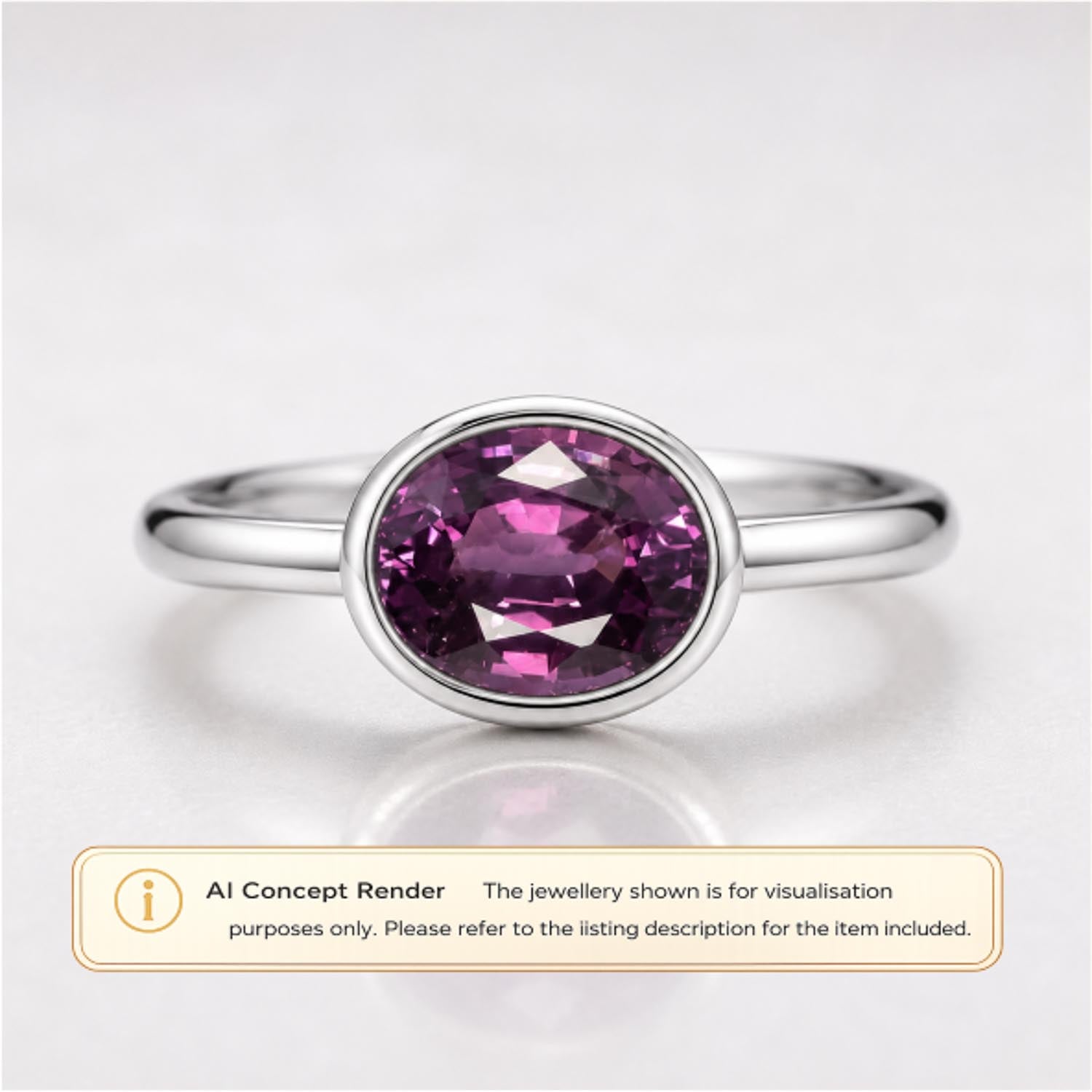 A platinum ring with an oval faceted purple gemstone, shown on a light gray background with a text banner at the bottom stating 'AI Concept Render'.