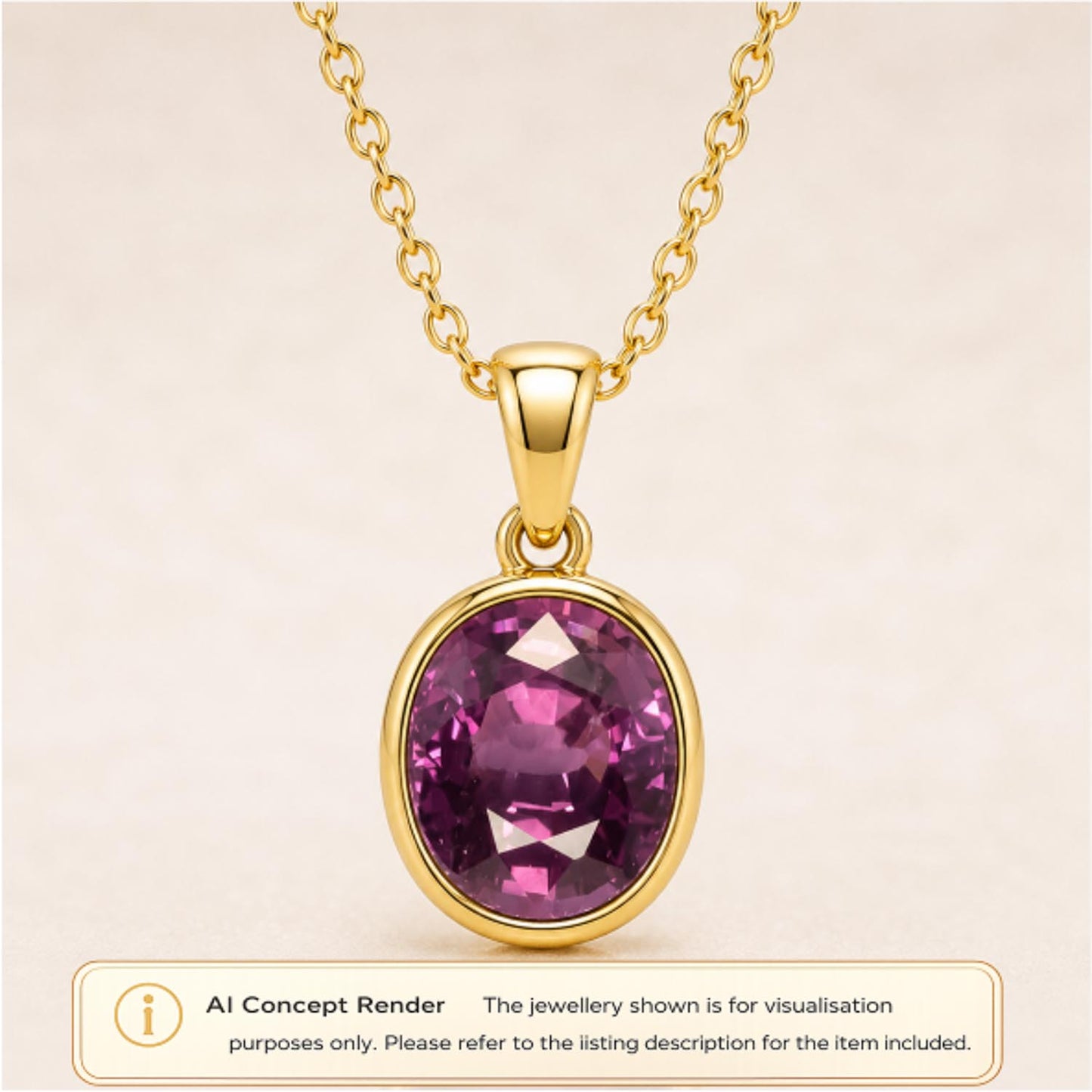 Gold pendant necklace with an oval faceted purple sapphire, shown on a light beige background with an AI concept render label at the bottom.