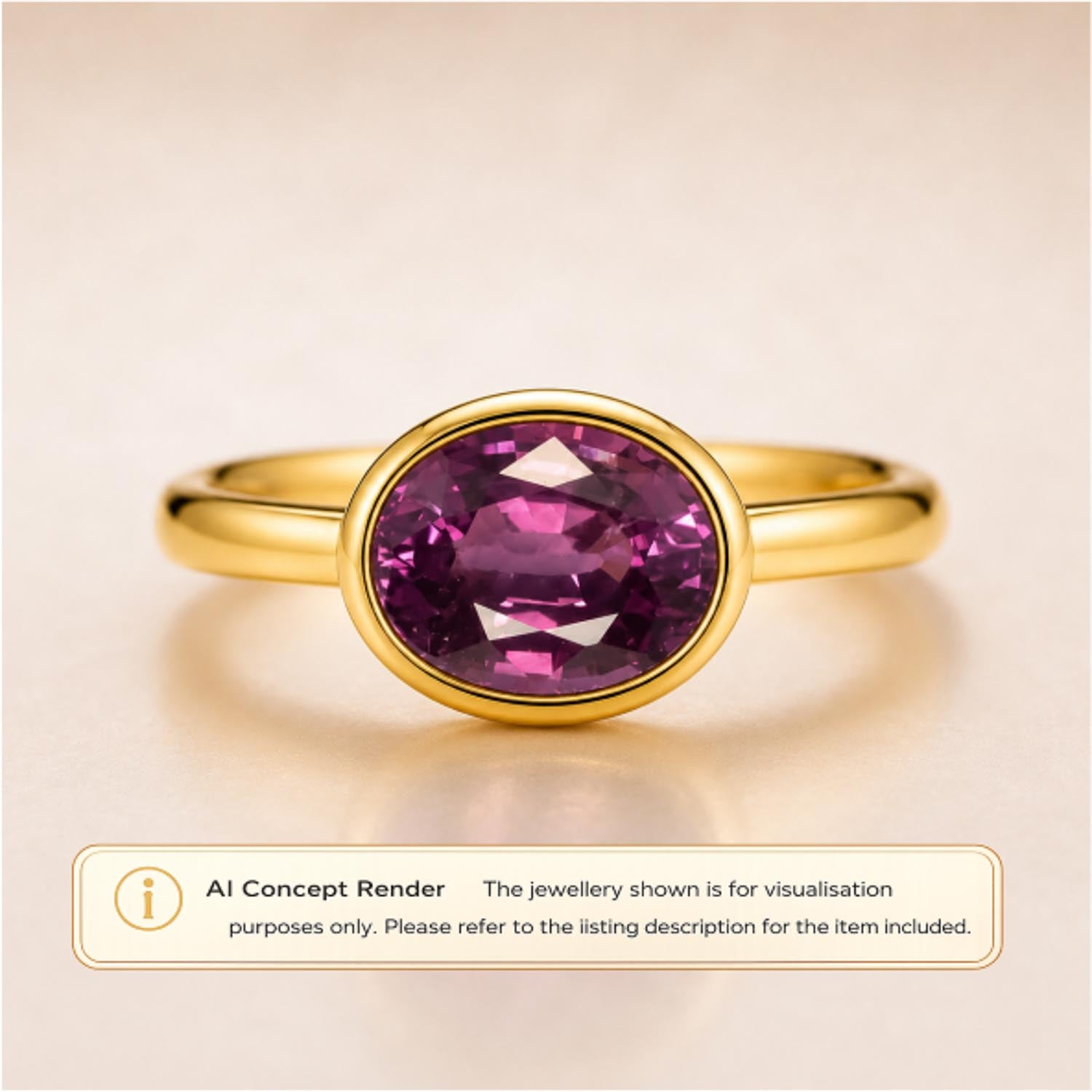 A gold ring with an oval faceted purple sapphire, presented on a light beige background with an 'AI Concept Render' label at the bottom.