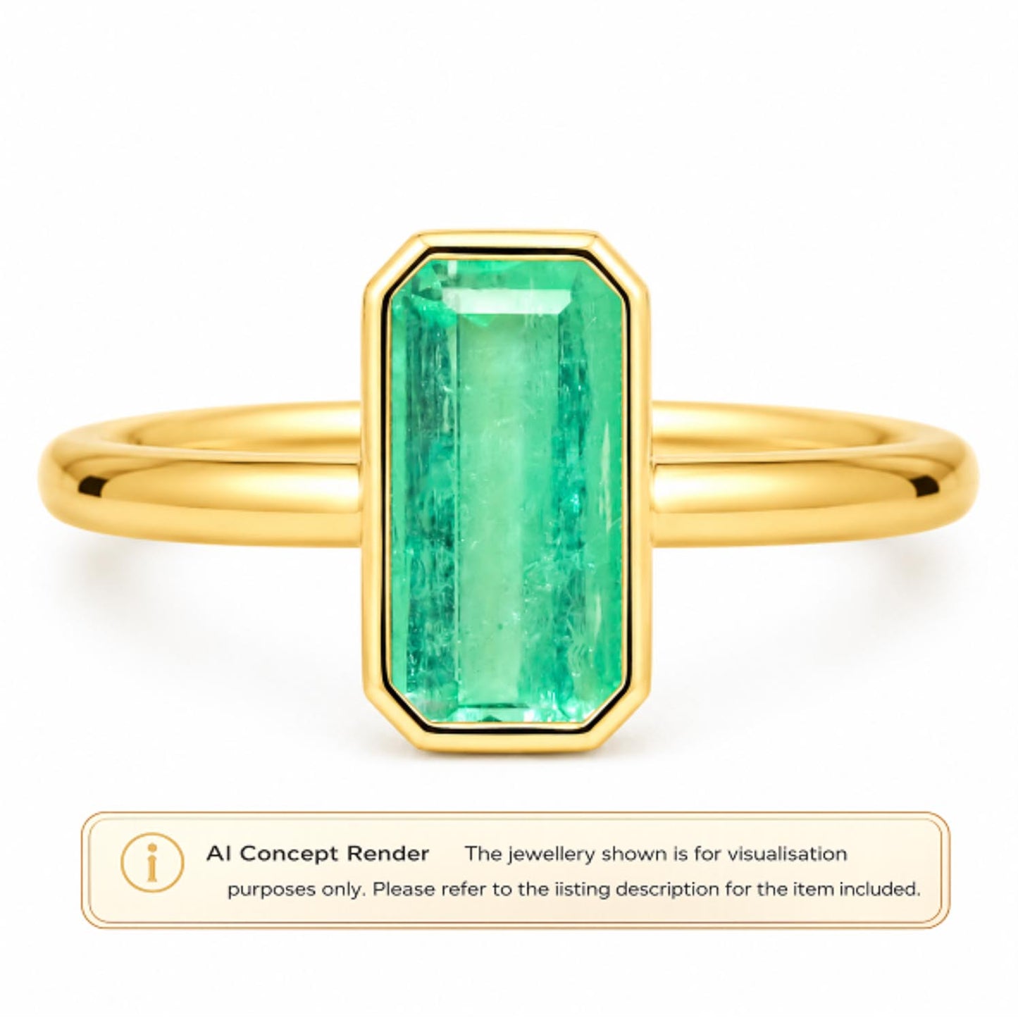 A gold ring with a rectangular Colombian emerald-cut gemstone, shown on a white background with an AI concept render label at the bottom.
