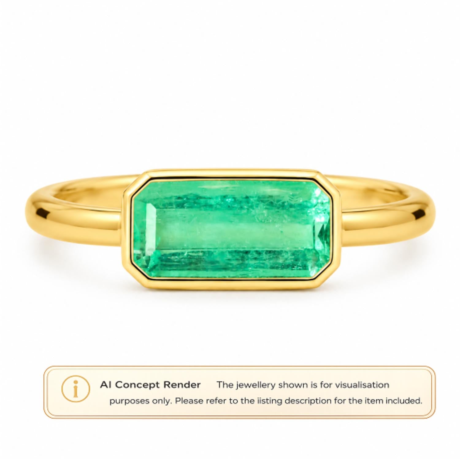 A gold ring with a rectangular Colombian emerald-cut gemstone, shown on a white background with an 'AI Concept Render' label at the bottom.