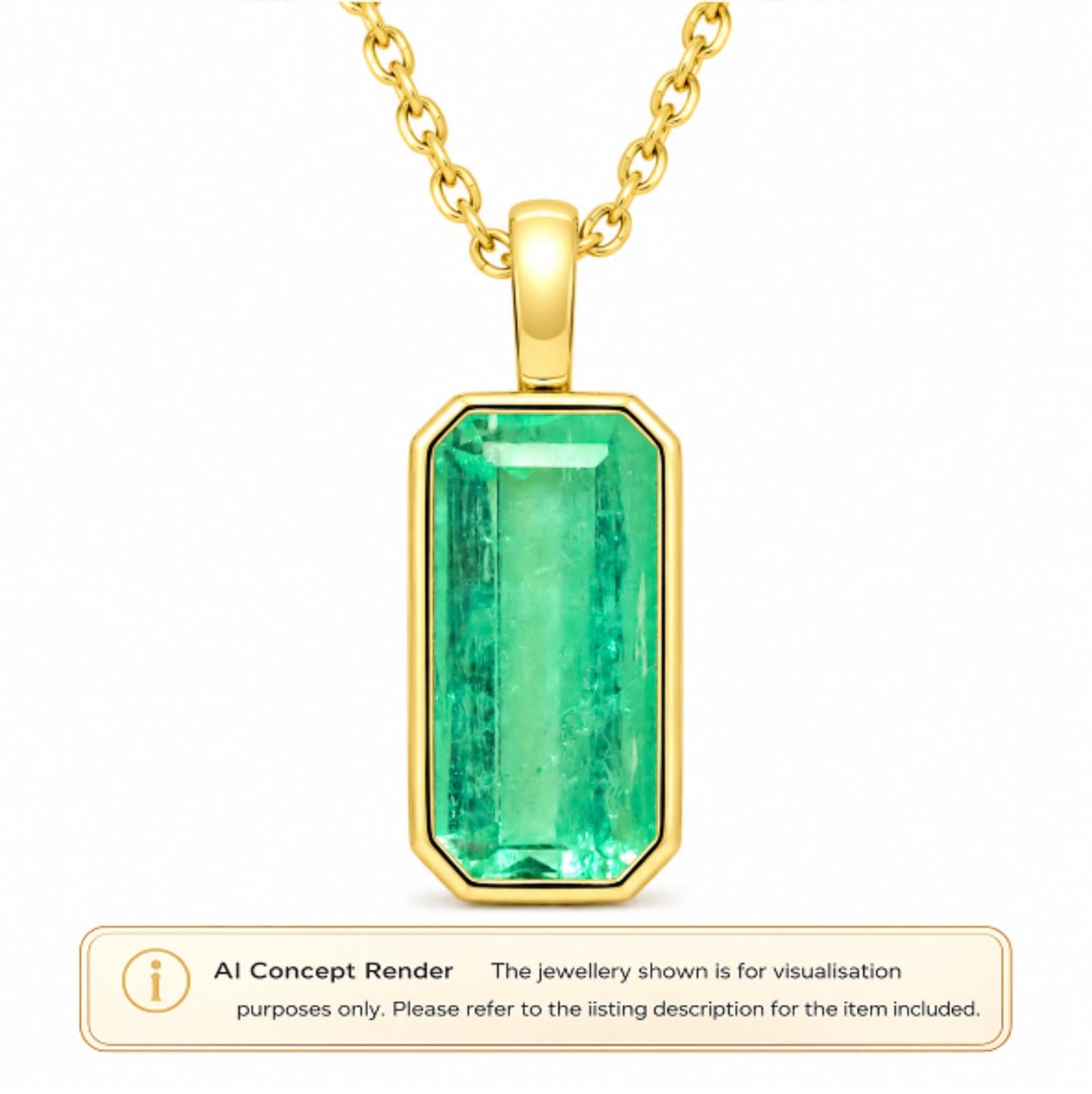 A gold pendant necklace featuring a rectangular Colombian emerald gemstone, shown on a white background with an 'AI Concept Render' label at the bottom.