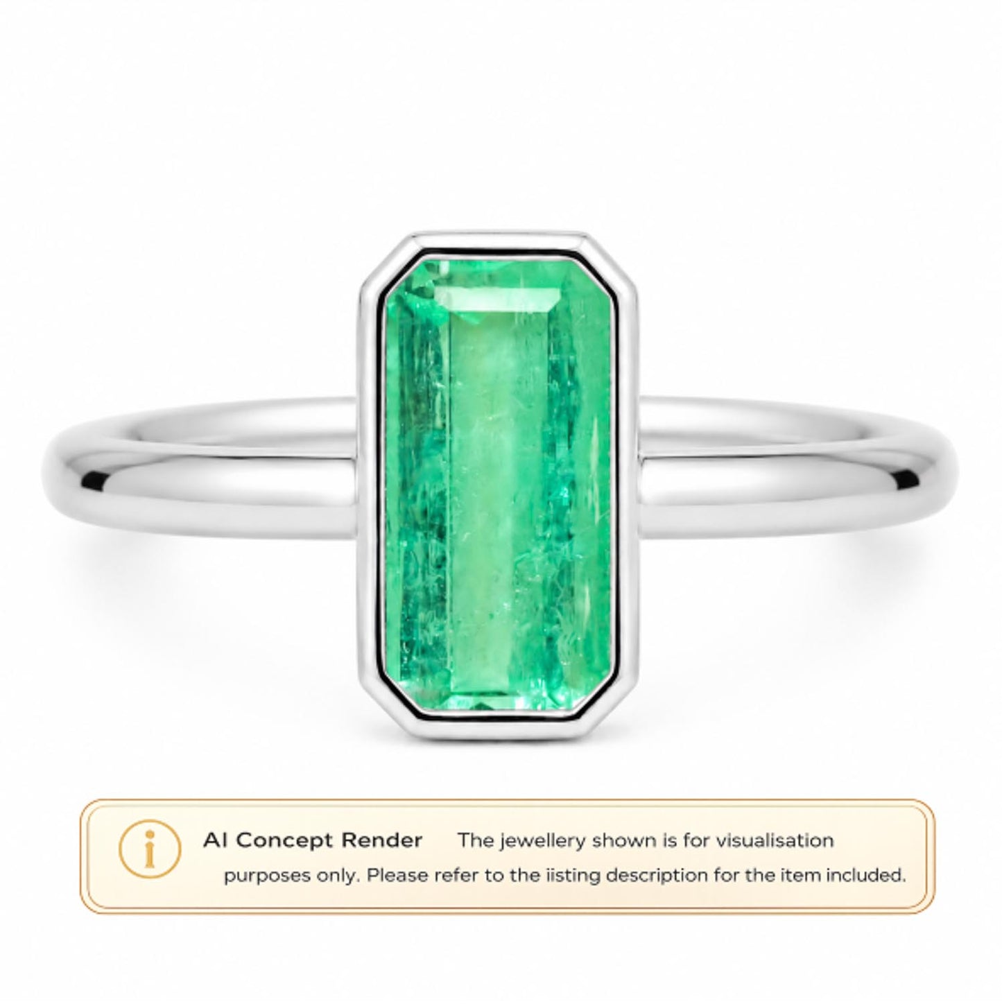 A platinum ring featuring a large rectangular Colombian emerald,  emerald-cut, shown on a white background with an 'AI Concept Render' label at the bottom.