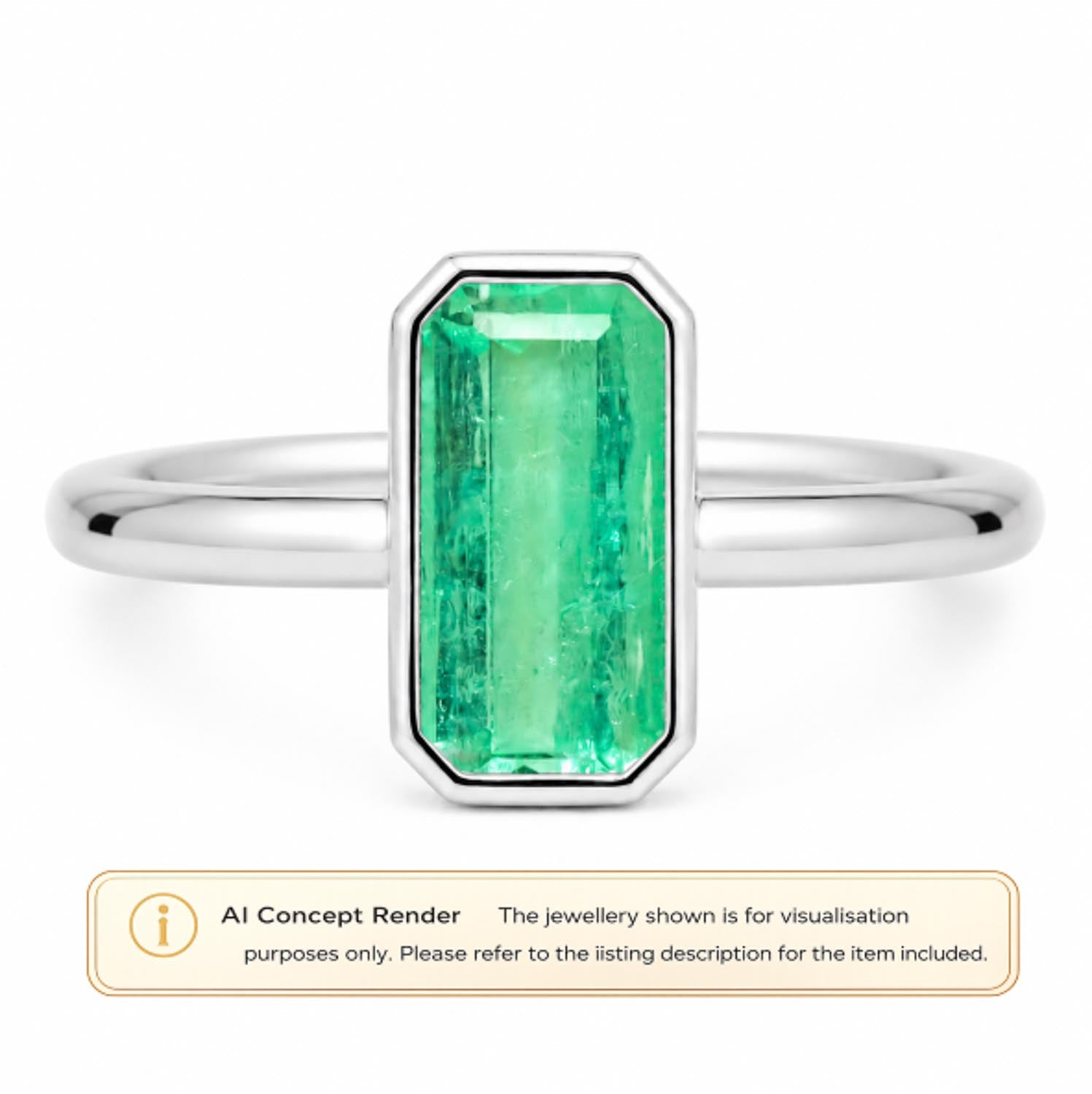A platinum ring featuring a large rectangular Colombian emerald,  emerald-cut, shown on a white background with an 'AI Concept Render' label at the bottom.