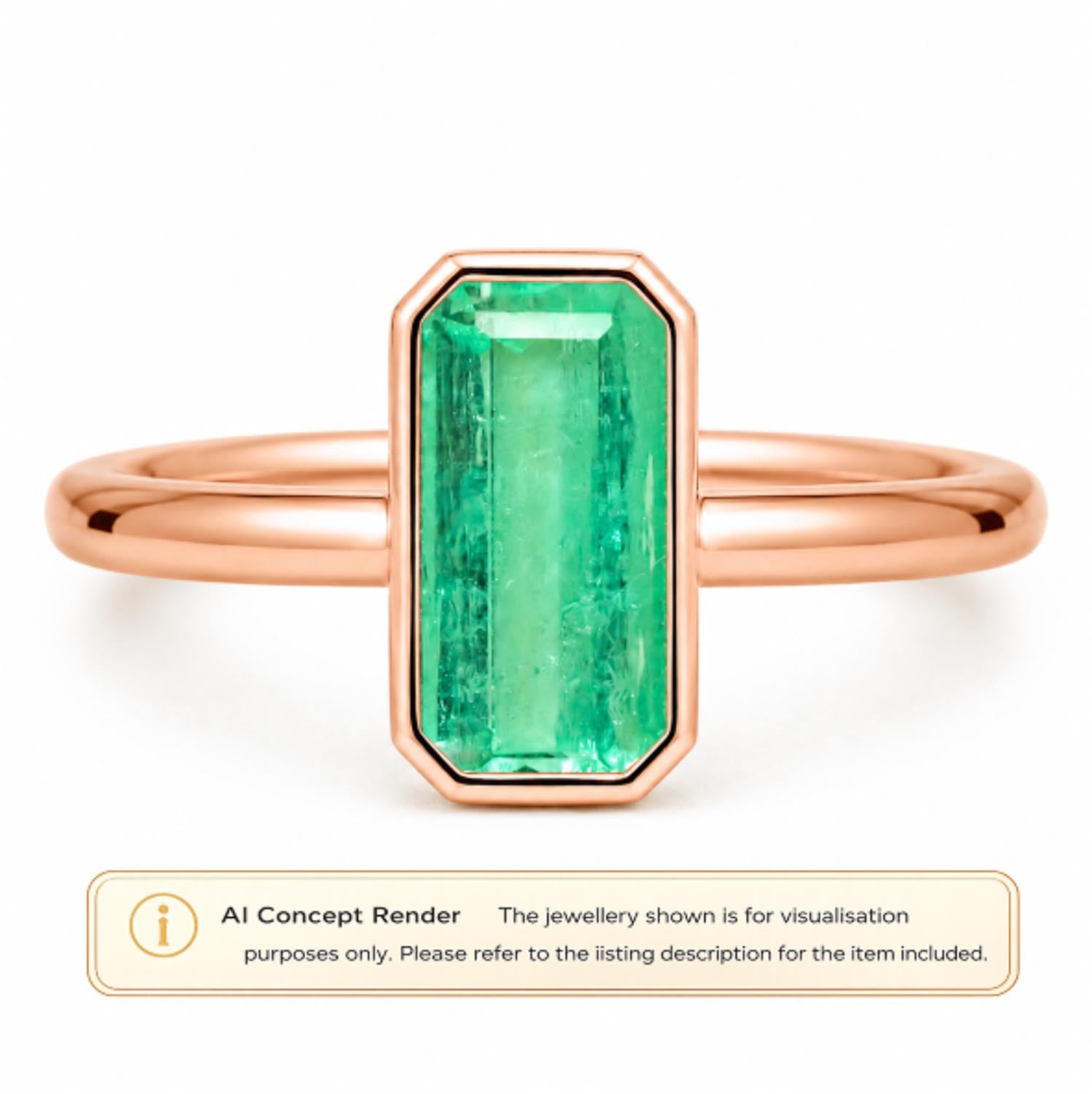 A rose gold ring with a large rectangular natural Colombian emerald, presented on a white background with an AI concept render label at the bottom.