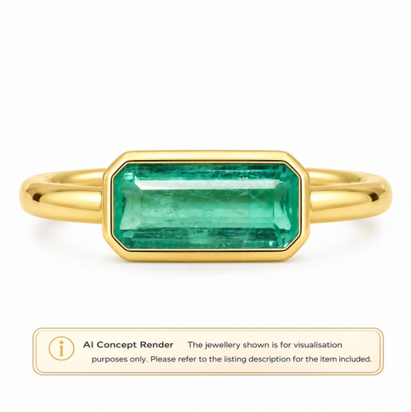 A gold ring with a rectangular Colombian emerald-cut gemstone, shown on a white background with an 'AI Concept Render' label at the bottom.