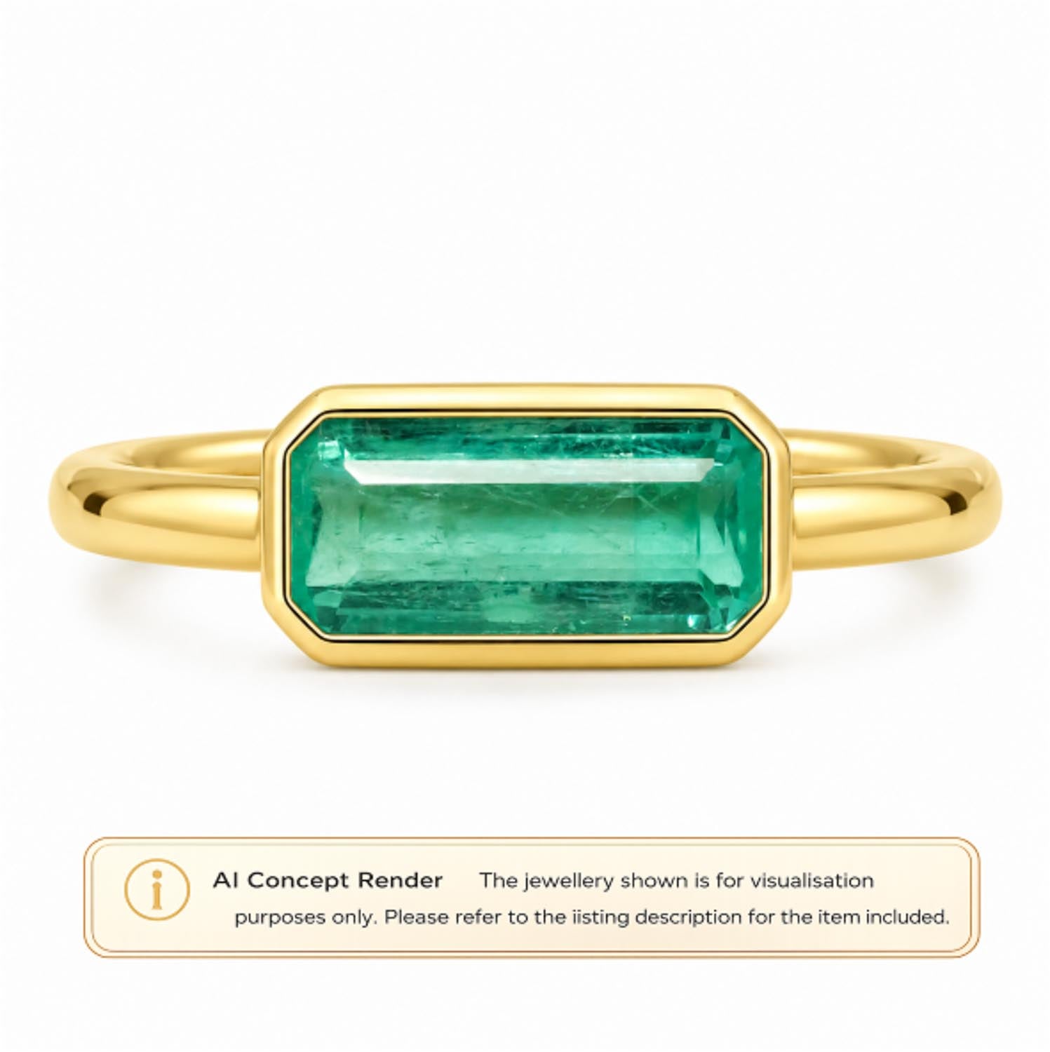 A gold ring with a rectangular Colombian emerald-cut gemstone, shown on a white background with an 'AI Concept Render' label at the bottom.