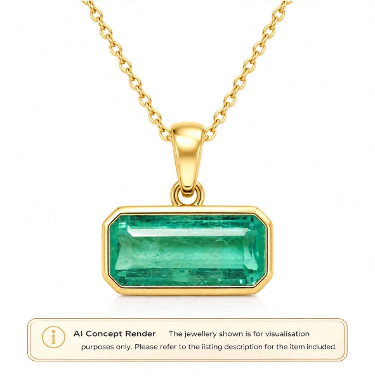 Gold pendant necklace with a rectangular Colombian emerald, emerald-cut, shown on a white background with an AI concept render label at the bottom.