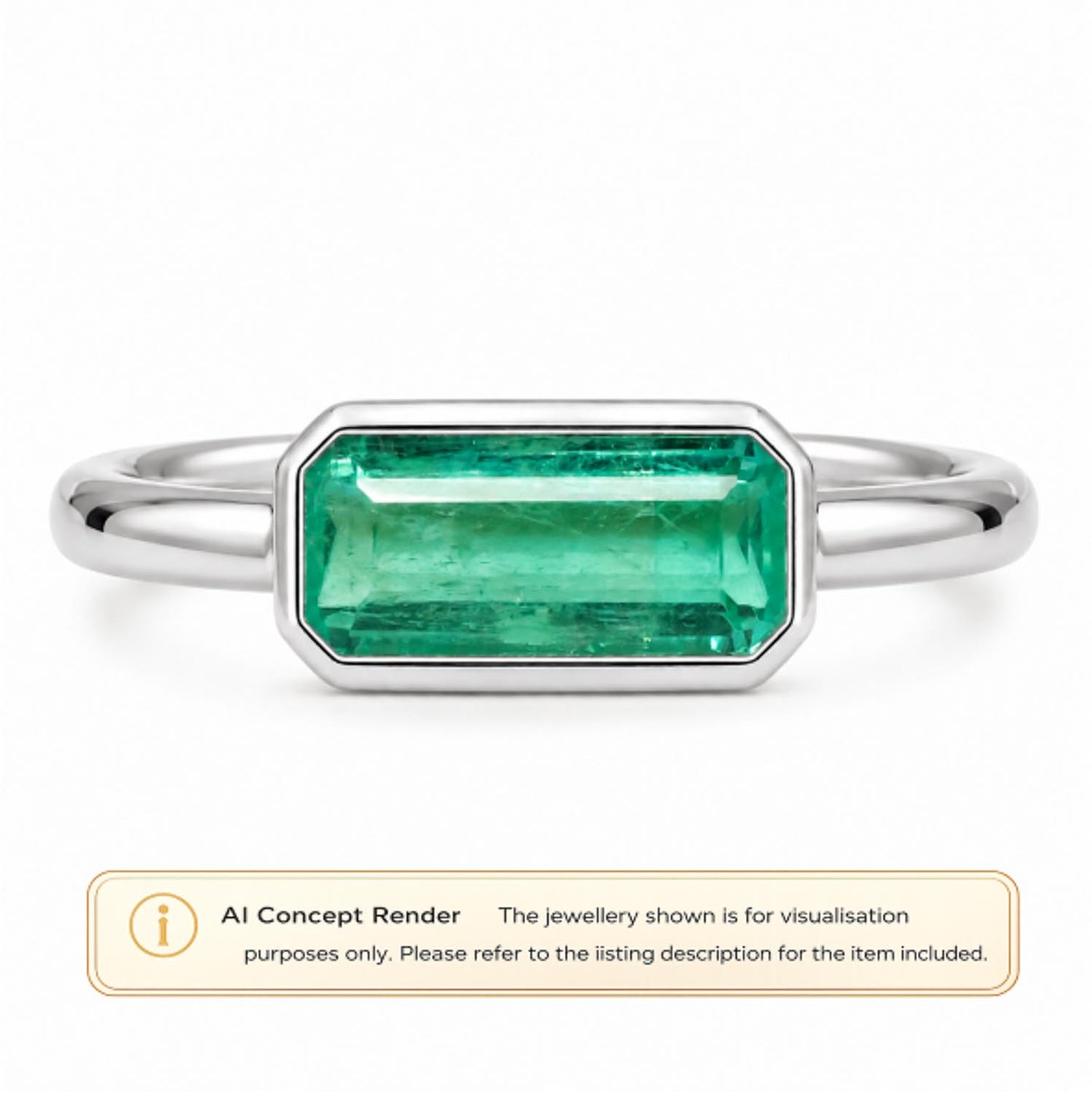 A platinum ring with a rectangular green  natural Colombian emerald, shown on a white background with an 'AI Concept Render' label at the bottom.