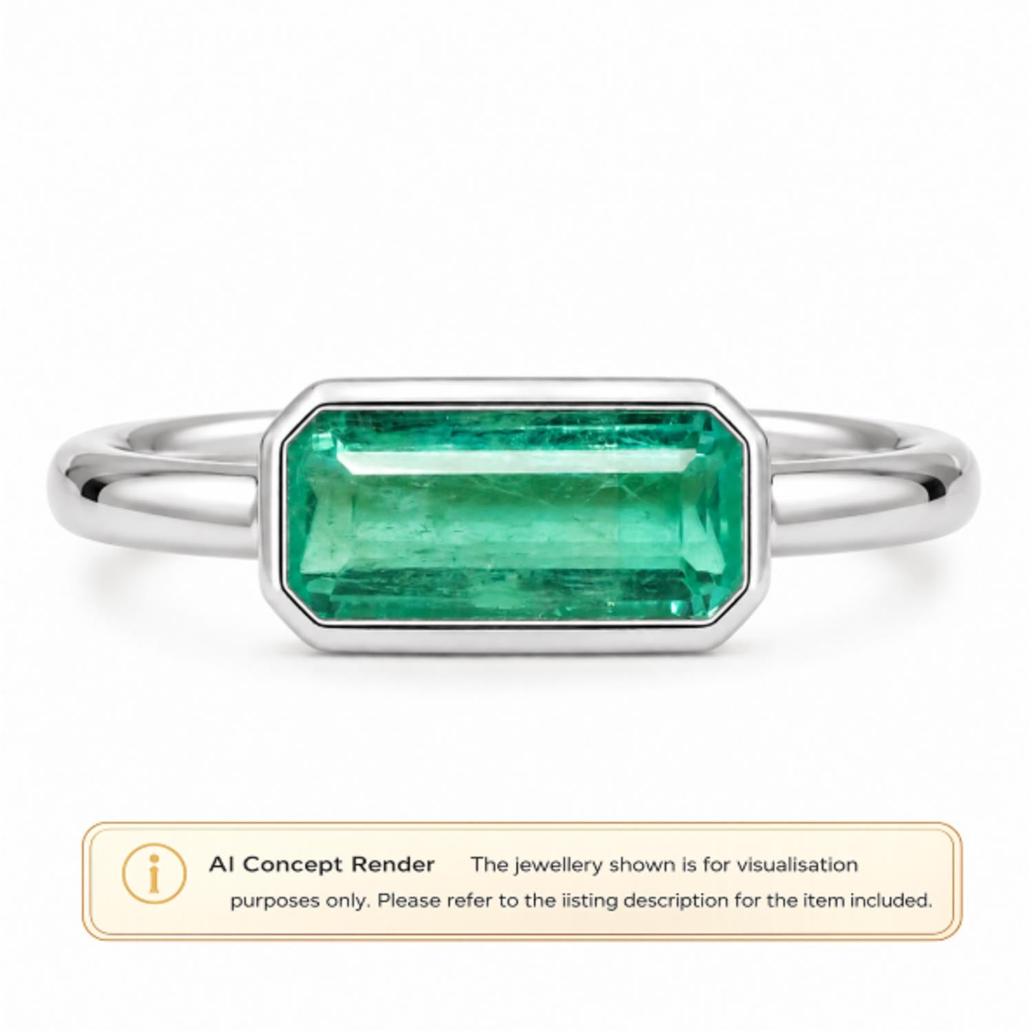 A platinum ring with a rectangular green  natural Colombian emerald, shown on a white background with an 'AI Concept Render' label at the bottom.