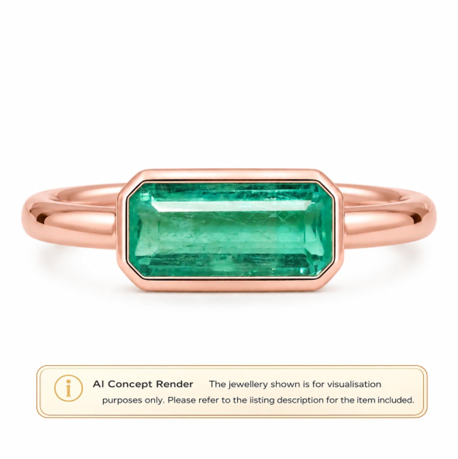 A rose gold ring with a rectangular natural Colombian emerald, shown on a white background with an 'AI Concept Render' label at the bottom.