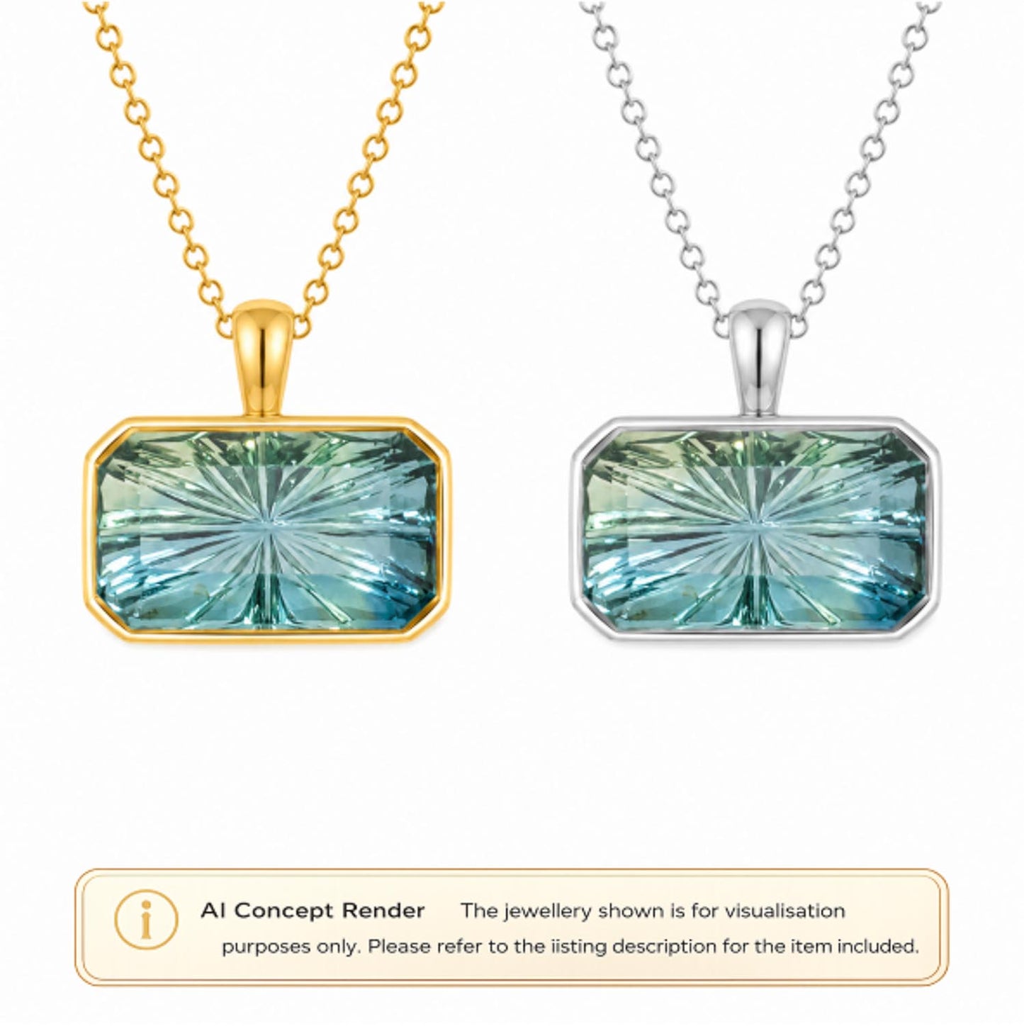 Two rectangular pendant necklaces with faceted light blue-green unheated teal sapphires shown on a white background. One pendant has a gold-tone chain and bezel, and the other has a platinum silver-tone chain and bezel.