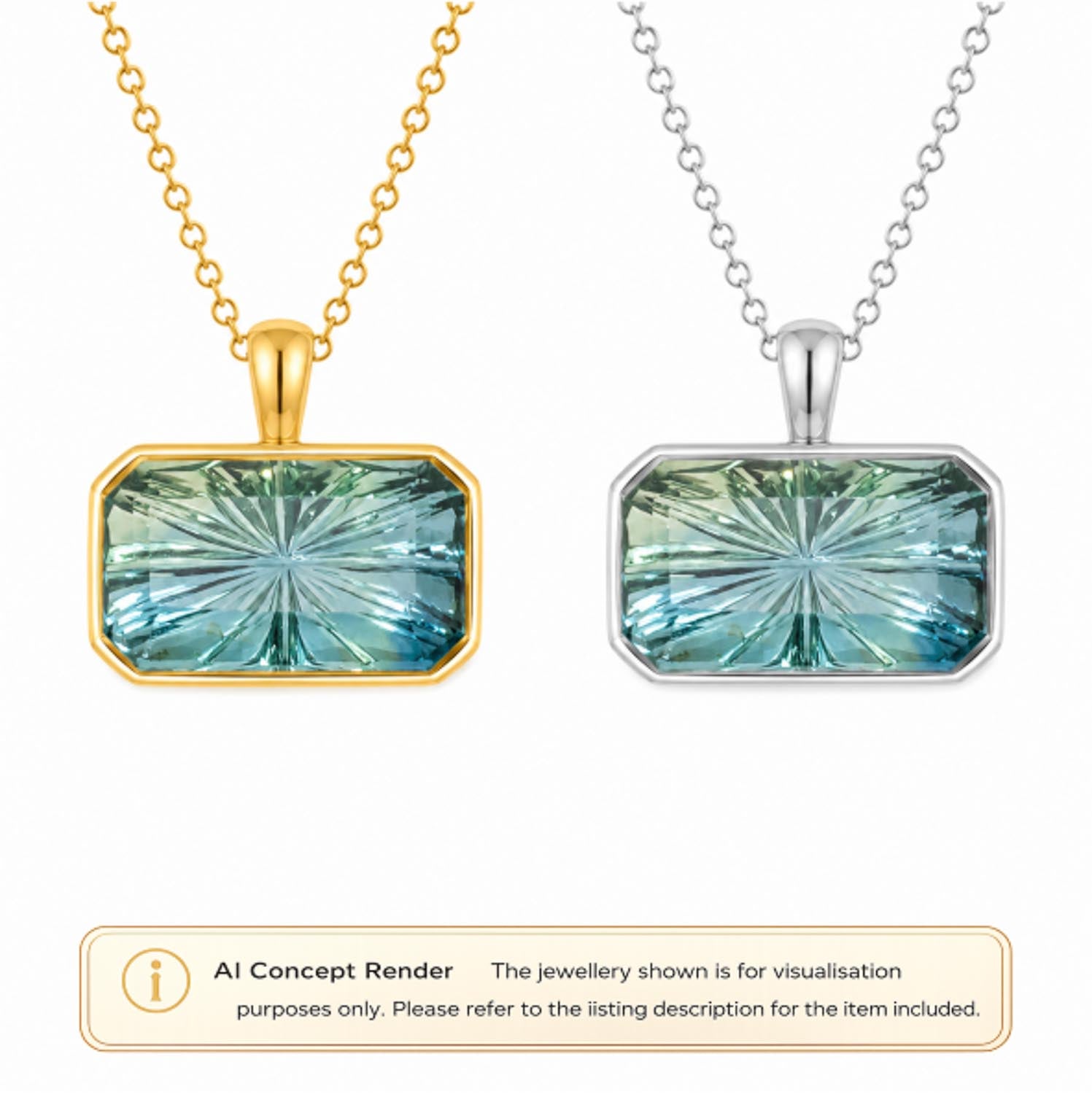 Two rectangular pendant necklaces with faceted light blue-green unheated teal sapphires shown on a white background. One pendant has a gold-tone chain and bezel, and the other has a platinum silver-tone chain and bezel.