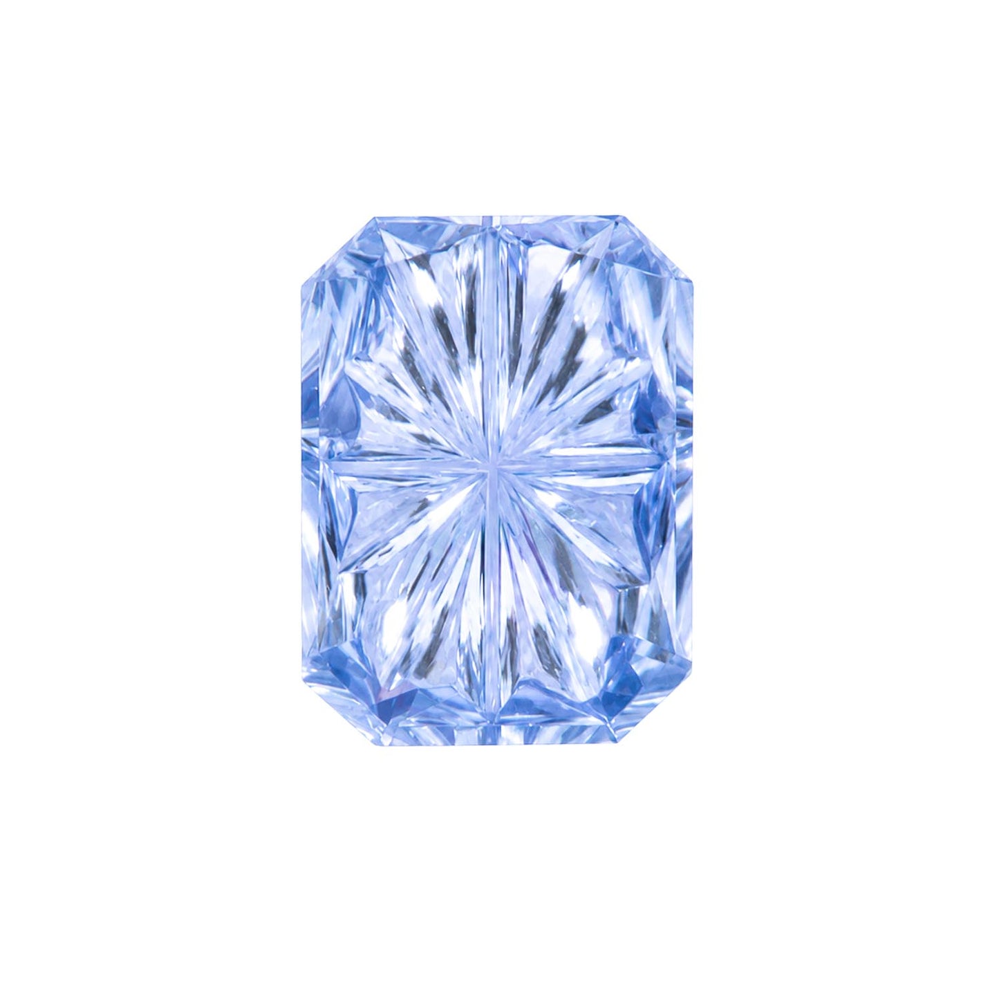 A single unheated blue sapphire with a brilliant faceted starburst pattern, centered on a solid white background.
