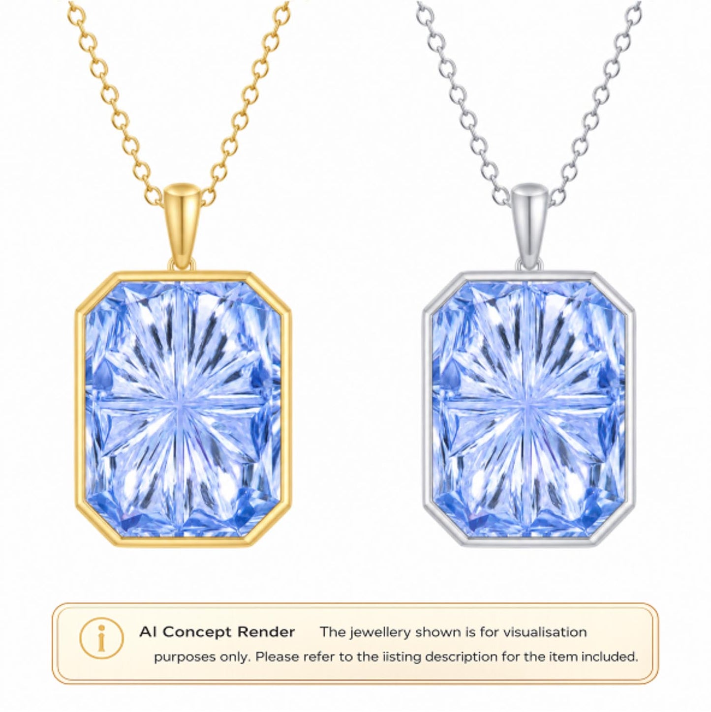 Two pendant necklaces shown on a white background: a gold-tone chain with a rectangular faceted blue sapphire pendant, and a silver-tone platinum chain with the same blue sapphire pendant. Below the products is an AI Concept Render label explaining the image is for visualisation purposes only.